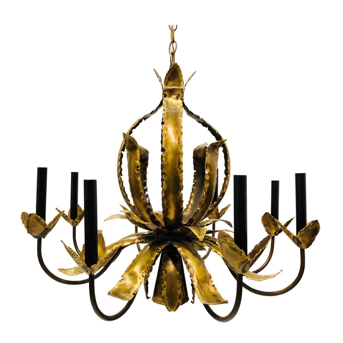 Eight-Arm Torch Cut Brutalist Chandelier with Down Light