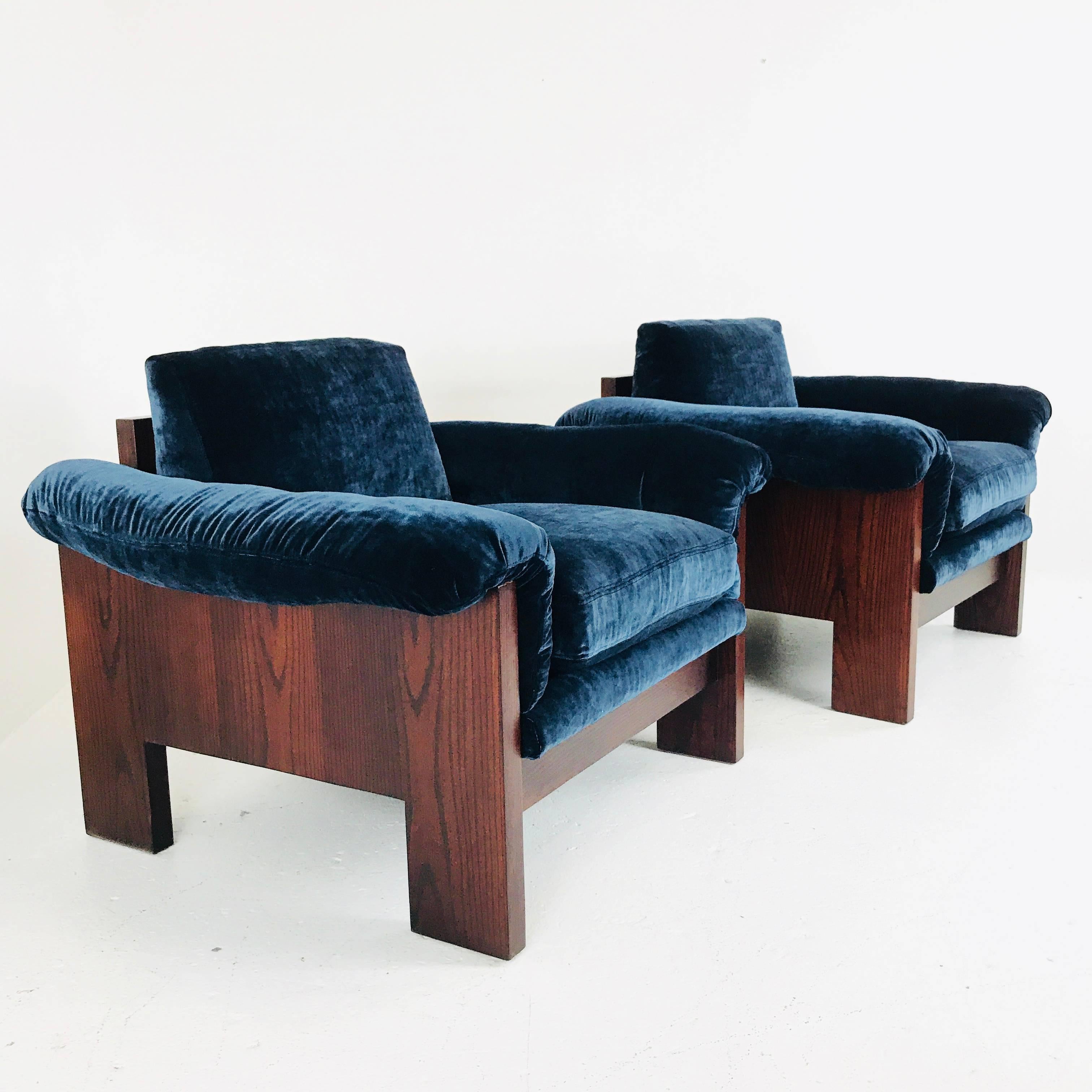 Pair of Milo Baughman Rosewood Lounge Chairs in Velvet In Good Condition In Dallas, TX