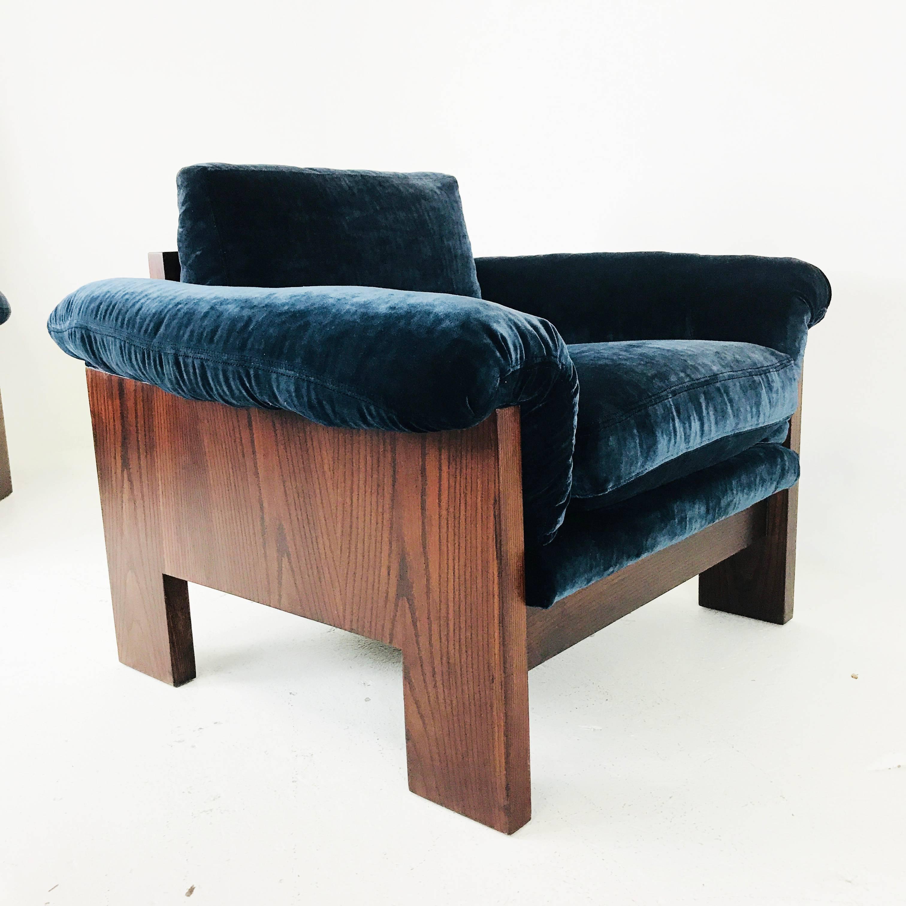 20th Century Pair of Milo Baughman Rosewood Lounge Chairs in Velvet