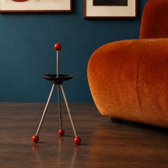 60s Tripod Floor Ashtray in Black Ceramic, Chrome, and Red, Italy