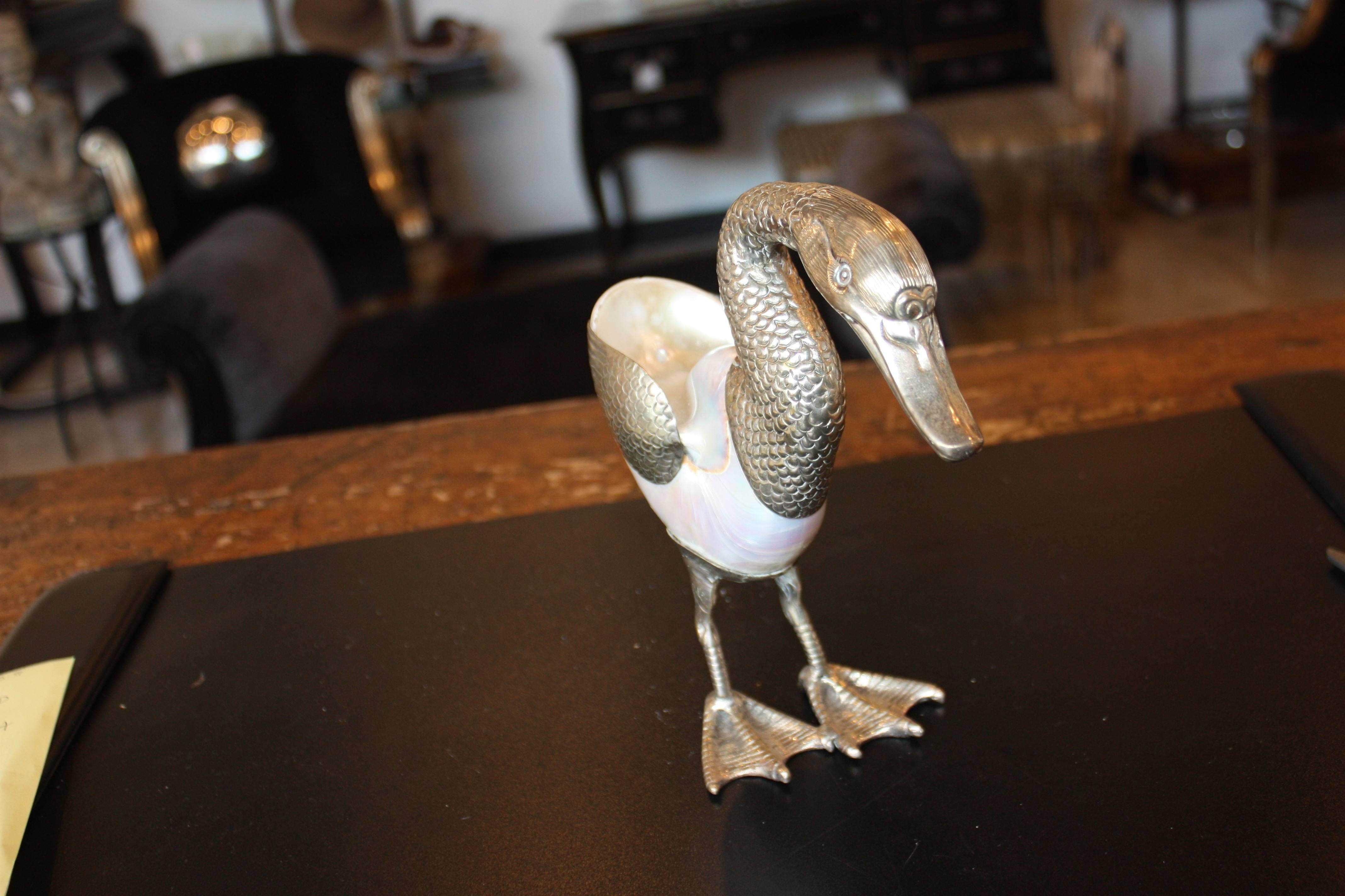 Mid-century silver plate and mother-of-pearl duck sculpture.