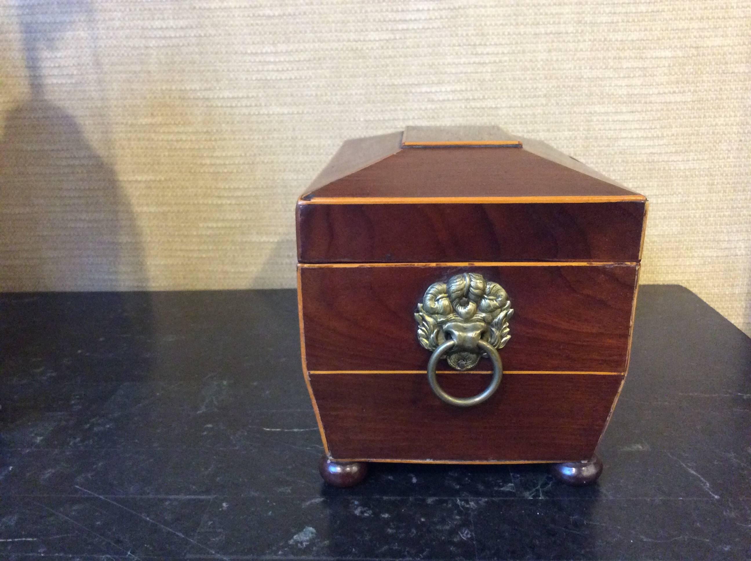 19th century tea caddy with brass handles.