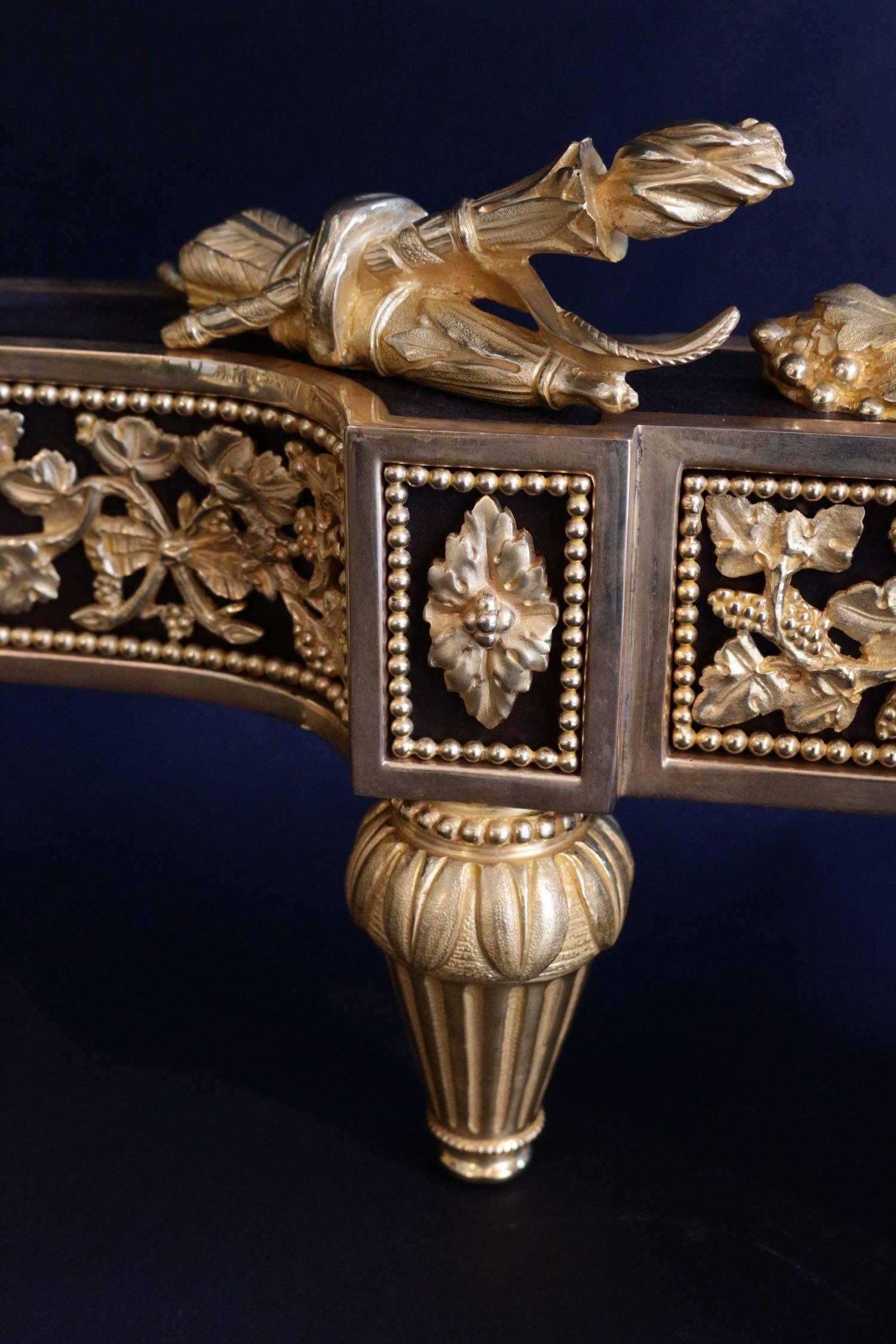 Gilt Pair of Gorgeous Fire Dogs Louis XVI Style For Sale