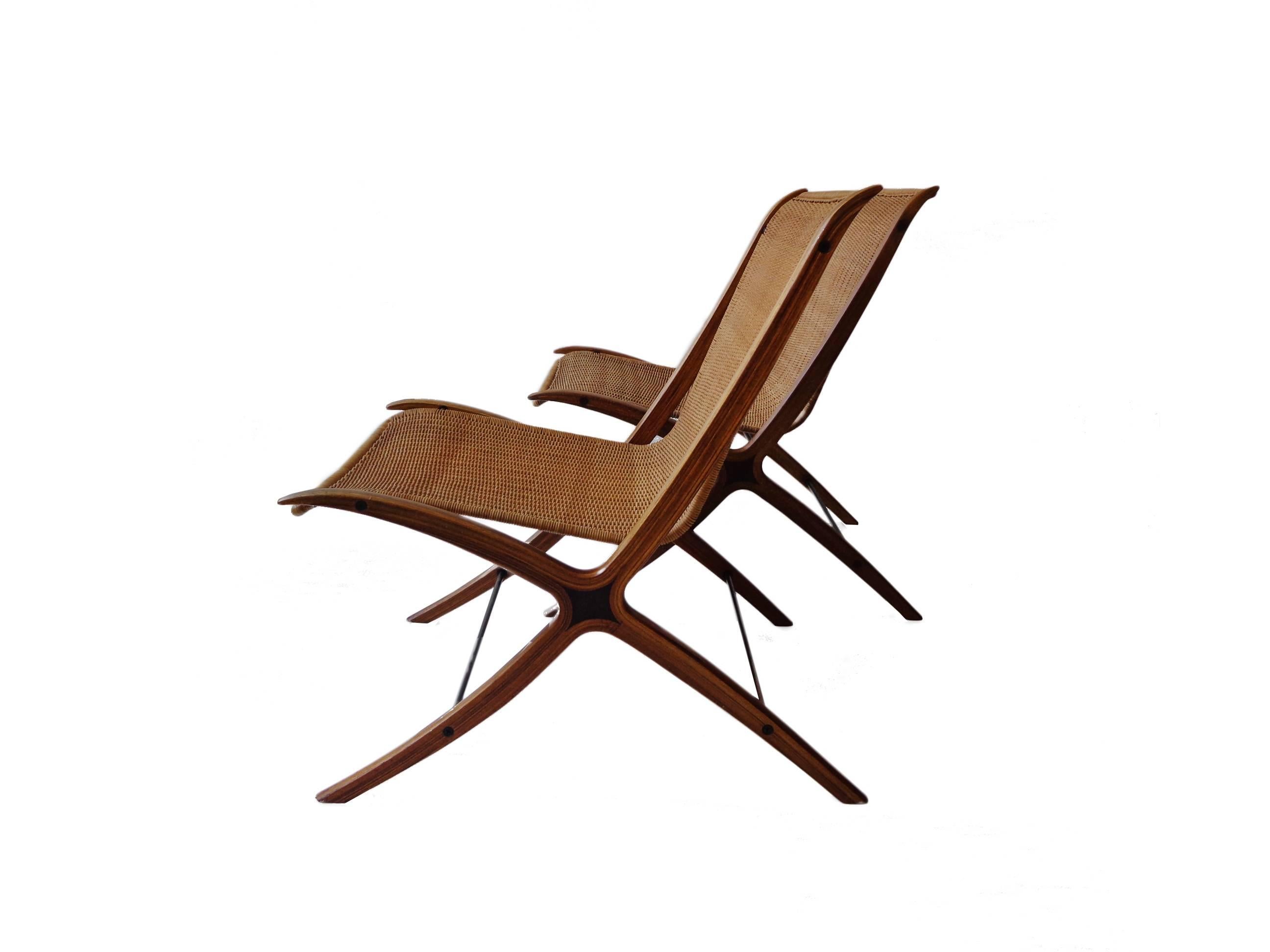 Laminated Danish Pair of teak-cane X lounge Chair by Hvidt & Mølgaard for F. Hansen, 1960s For Sale