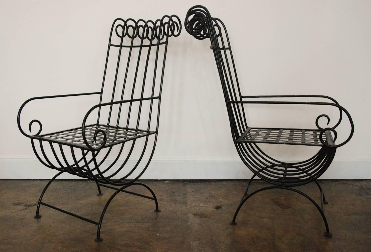 Pair of Highback, French, 1940s Style Forged Iron Garden Chairs, France In Excellent Condition For Sale In Richmond, VA
