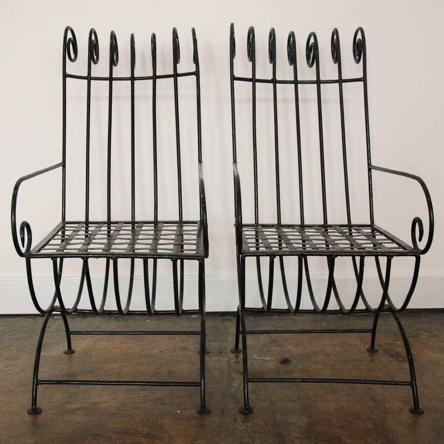 Mid-Century Modern Pair of Highback, French, 1940s Style Forged Iron Garden Chairs, France For Sale