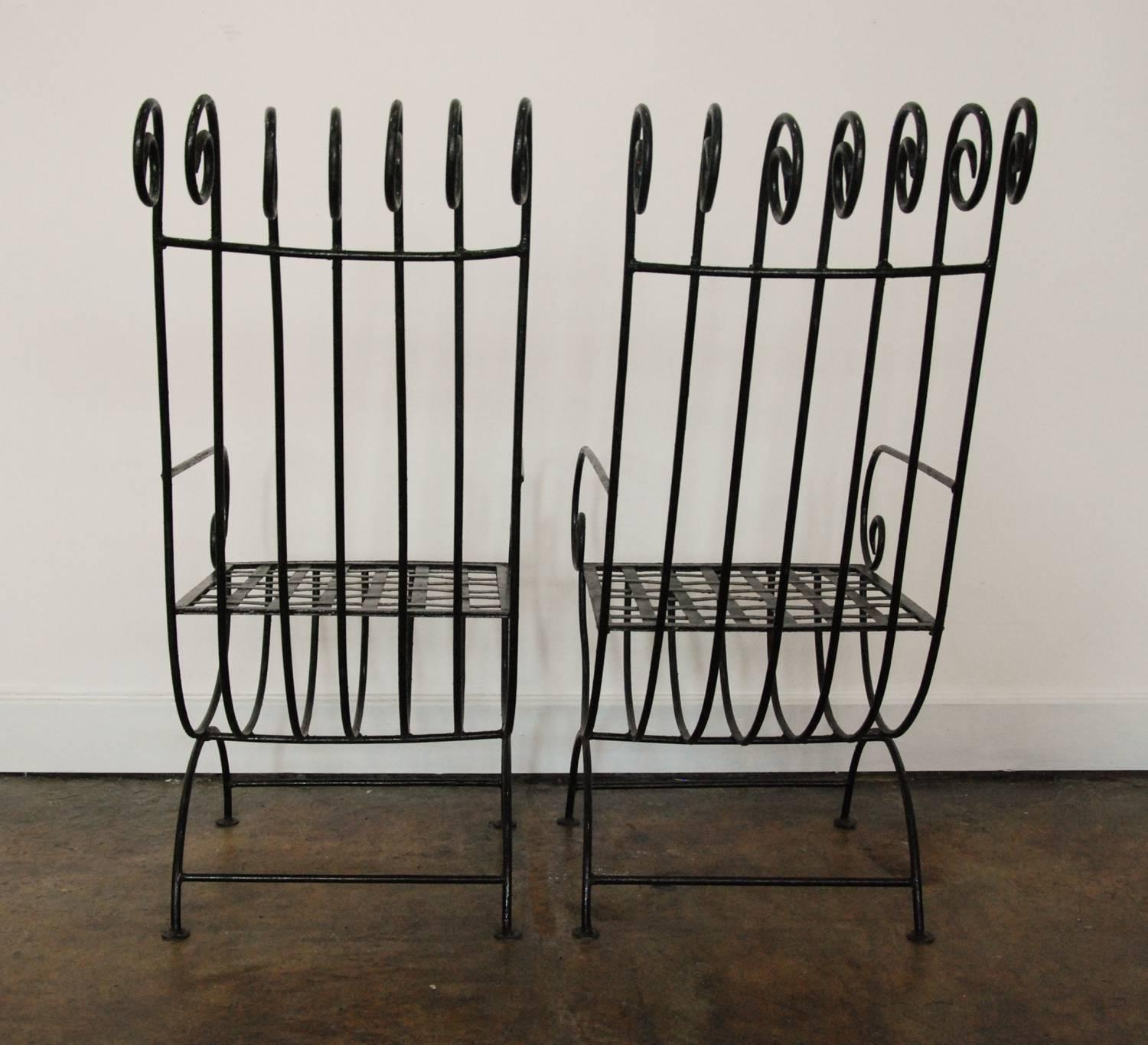 20th Century Pair of Highback, French, 1940s Style Forged Iron Garden Chairs, France For Sale