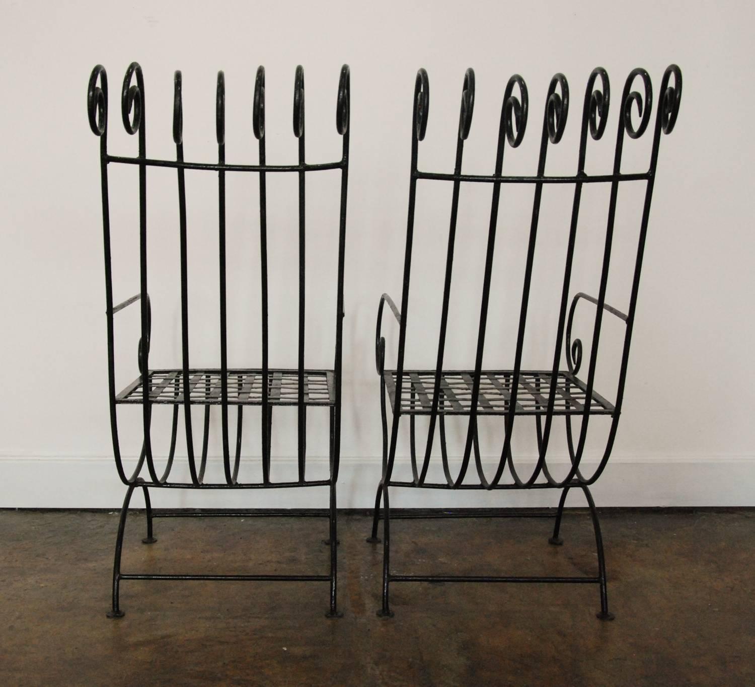 20th Century Pair of Highback, French, 1940s Style Forged Iron Garden Chairs, France For Sale
