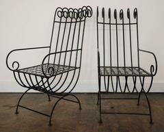 Pair of Highback, French, 1940s Style Forged Iron Garden Chairs, France