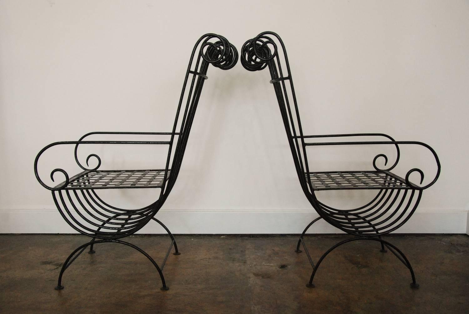 Pair of Highback, French, 1940s Style Forged Iron Garden Chairs, France For Sale 1