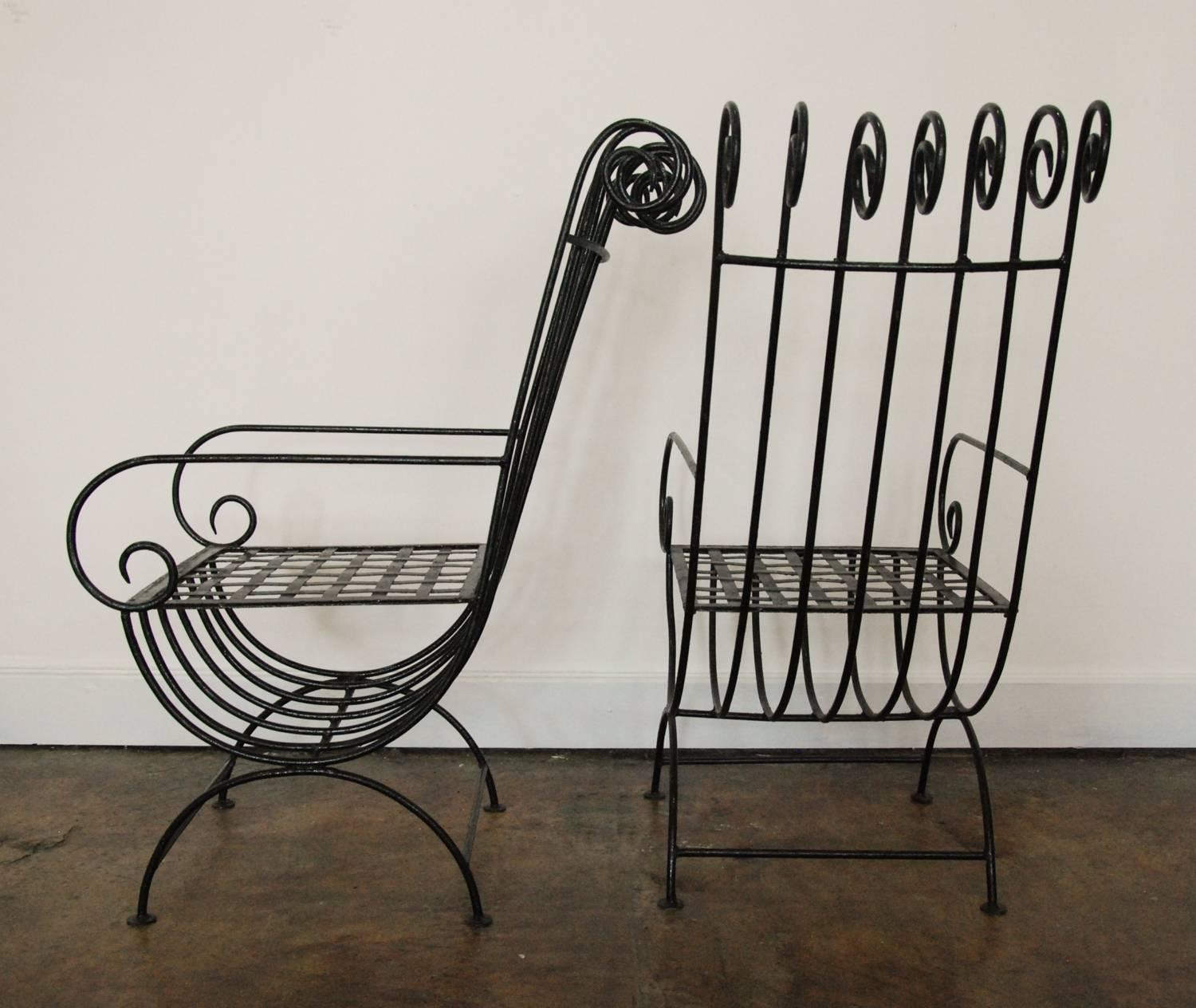 Pair of Highback, French, 1940s Style Forged Iron Garden Chairs, France For Sale 3
