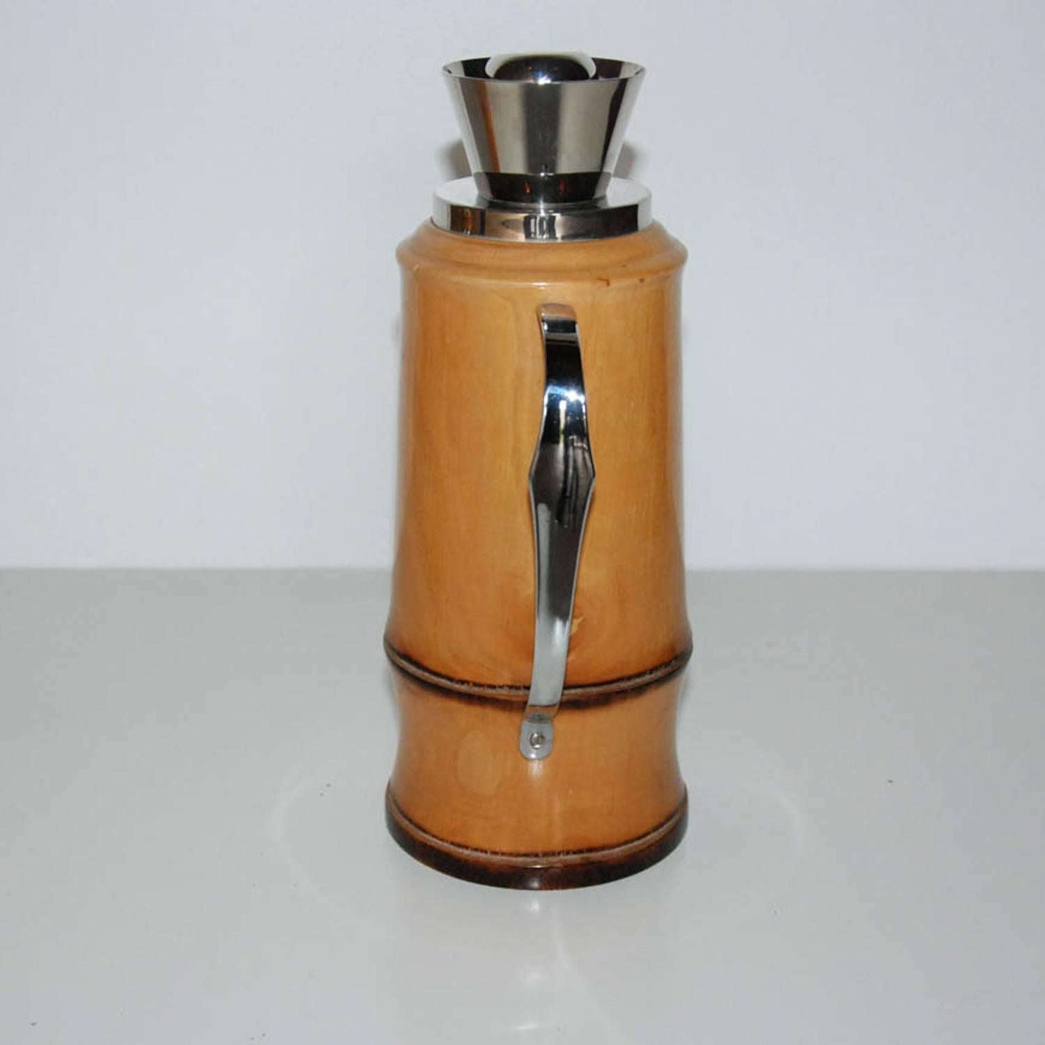 Italian Pair of Aldo Tura Wood and Chrome-Plated Decanters for Macabo, Italy, circa 1950 For Sale