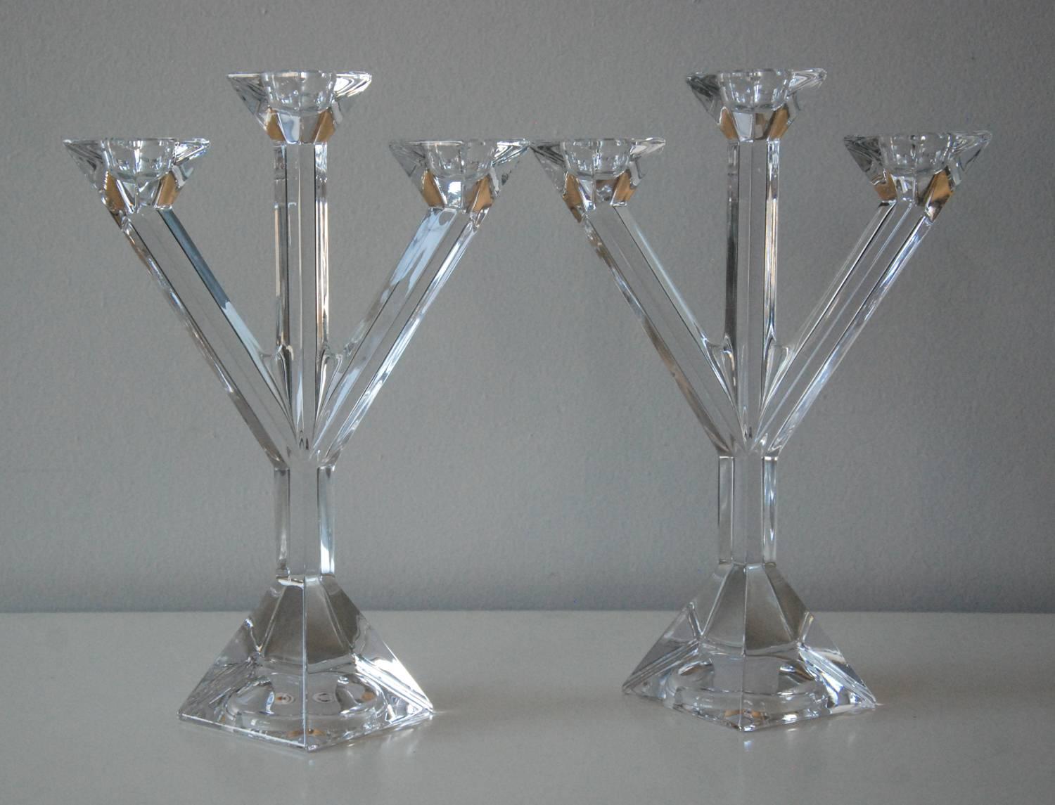 An elegant pair of Villeroy & Boch three-arm lead crystal candleholders. Acid stamped signature on base.
