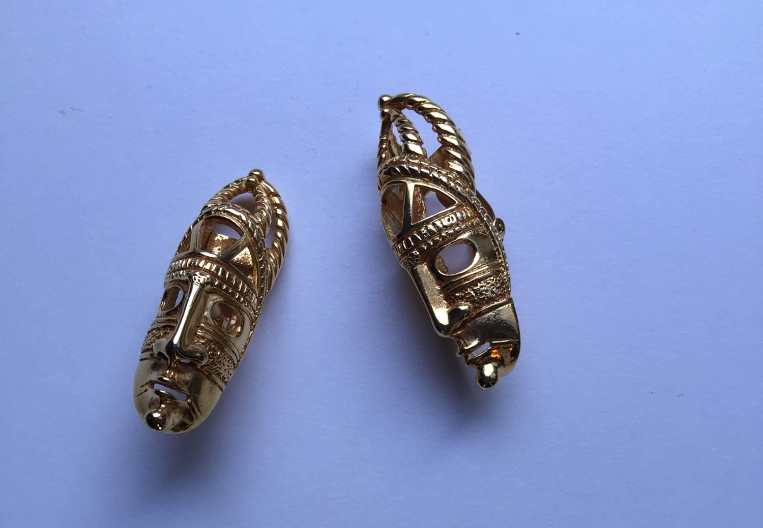 20th Century Pair of Dominique Aurientis Tribal Mask Goldtone Earrings, circa 1980, France For Sale
