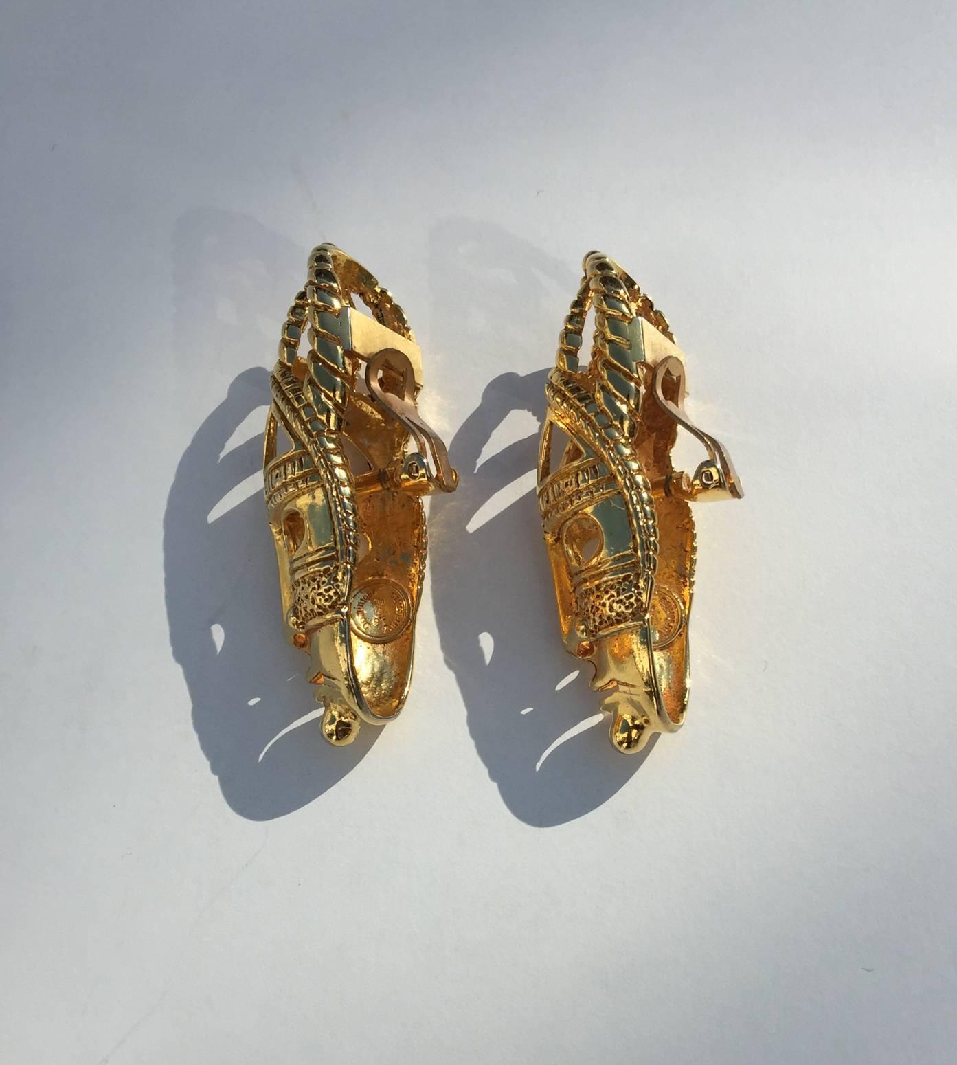 Pair of Dominique Aurientis Tribal Mask Goldtone Earrings, circa 1980, France For Sale 1