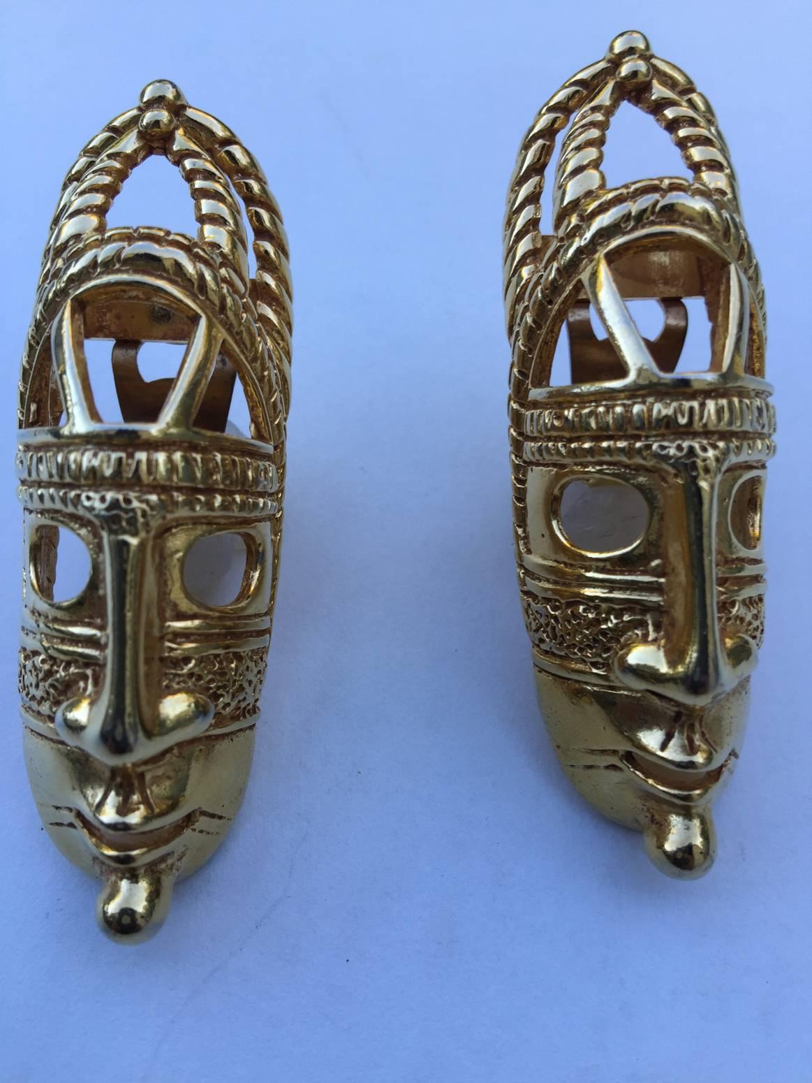 French Pair of Dominique Aurientis Tribal Mask Goldtone Earrings, circa 1980, France For Sale