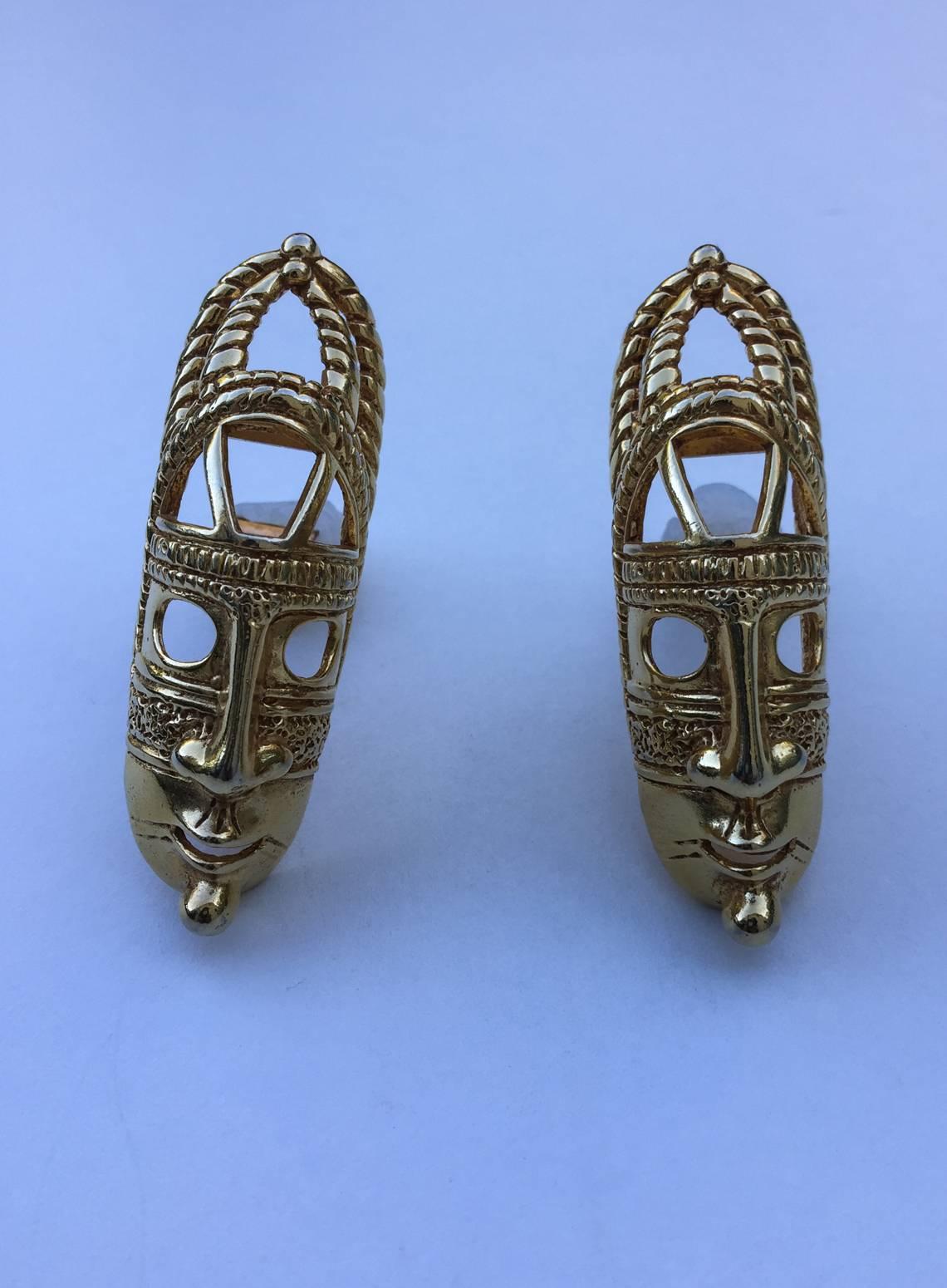 Pair of Dominique Aurientis Tribal Mask Goldtone Earrings, circa 1980, France In Excellent Condition For Sale In Richmond, VA