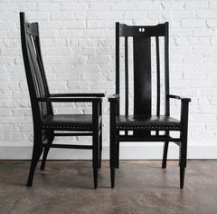 Pair of Ebonized Oak and Leather Highback Arts & Crafts Style Chairs, circa 1980