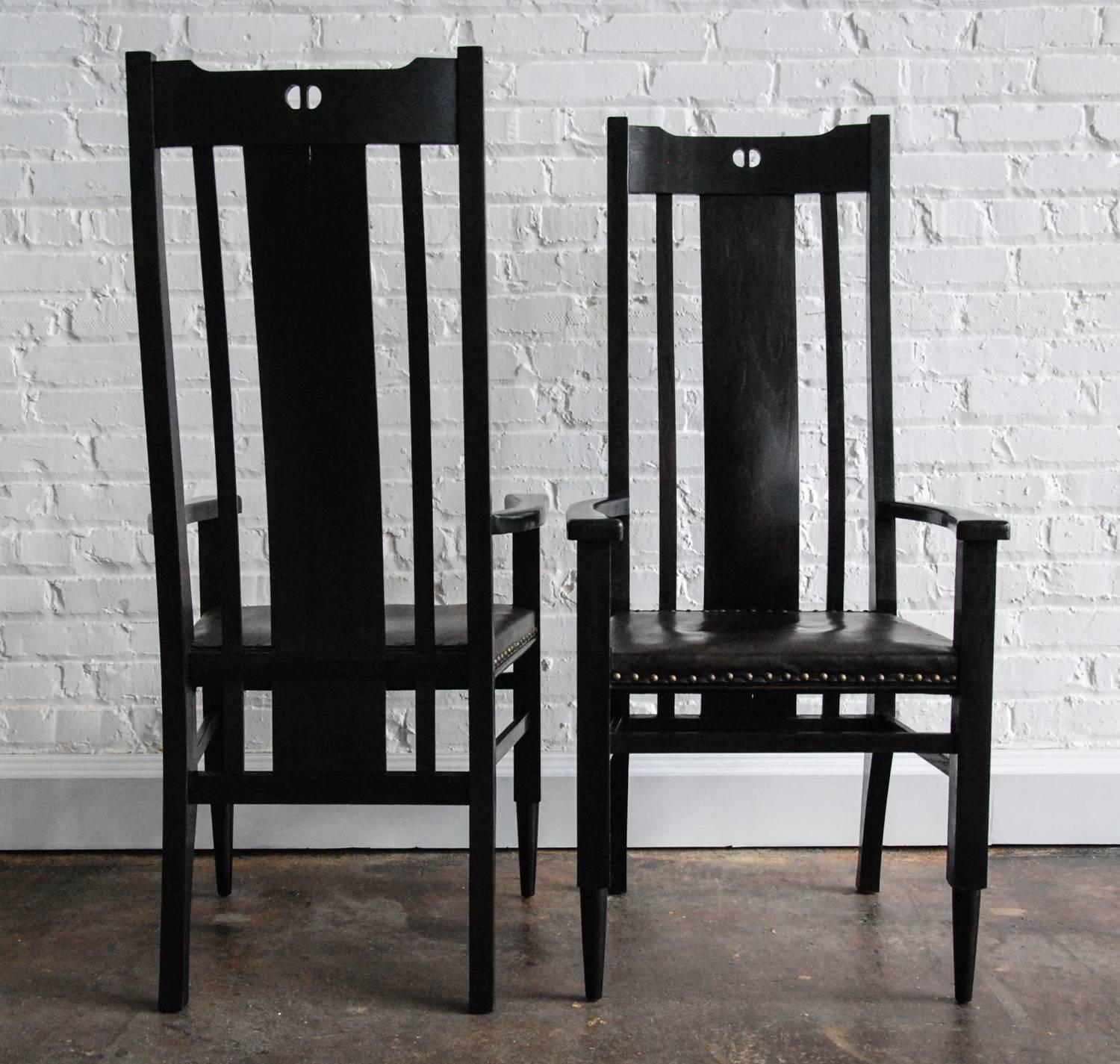 Arts and Crafts Pair of Ebonized Oak and Leather Highback Arts & Crafts Style Chairs, circa 1980 For Sale