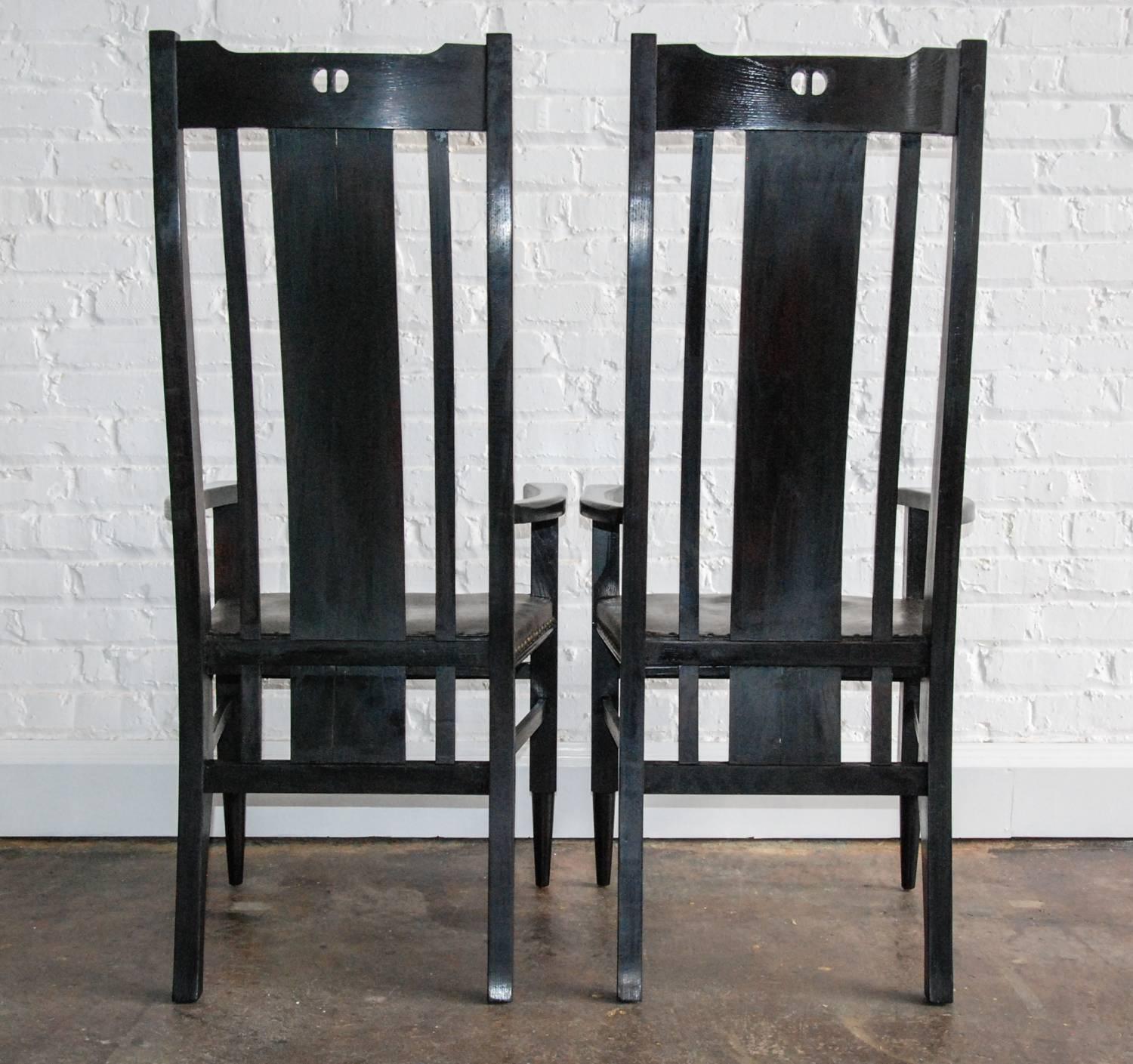 Pair of Ebonized Oak and Leather Highback Arts & Crafts Style Chairs, circa 1980 For Sale 1