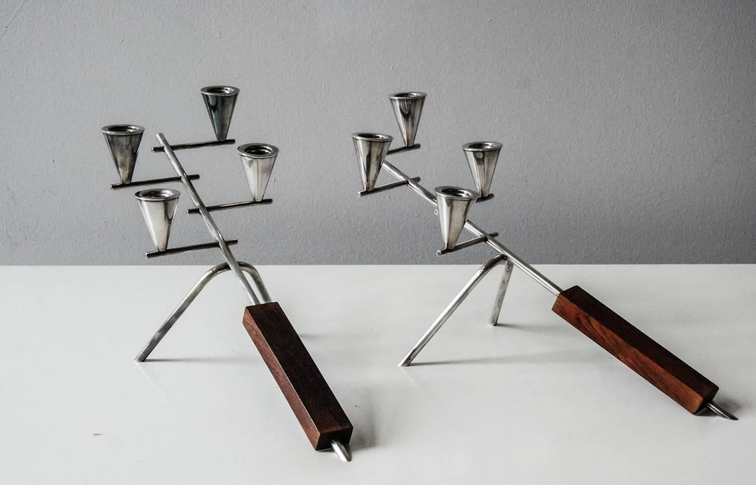 Mid-Century Modern Pair of Carl Christiansen Silverplate and Rosewood Candleholders Denmark, 1960 For Sale