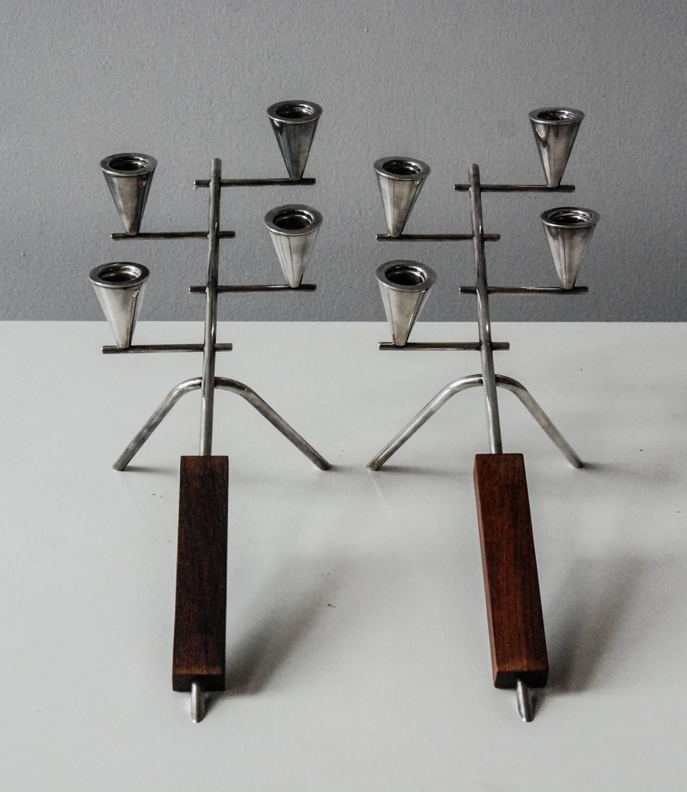 Pair of Carl Christiansen Silverplate and Rosewood Candleholders Denmark, 1960 In Excellent Condition For Sale In Richmond, VA