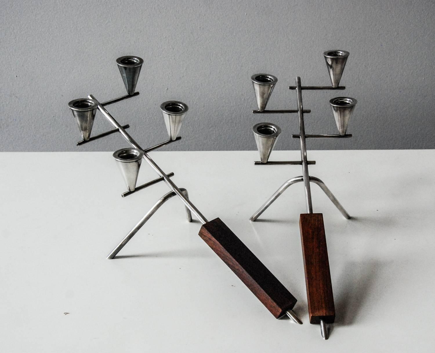 Pair of Carl Christiansen Silverplate and Rosewood Candleholders Denmark, 1960 For Sale 1