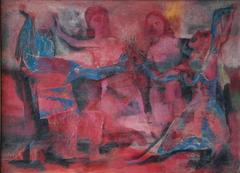 Joseph Wolins Figurative Abstract Oil on Board, United States, circa 1960