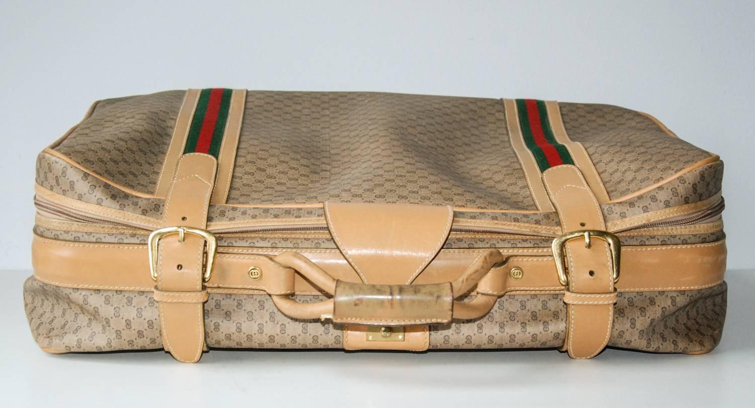 Italian Gucci Leather and Fabric Logo Suitcase with Brass Insignia, Italy, circa 1970 For Sale