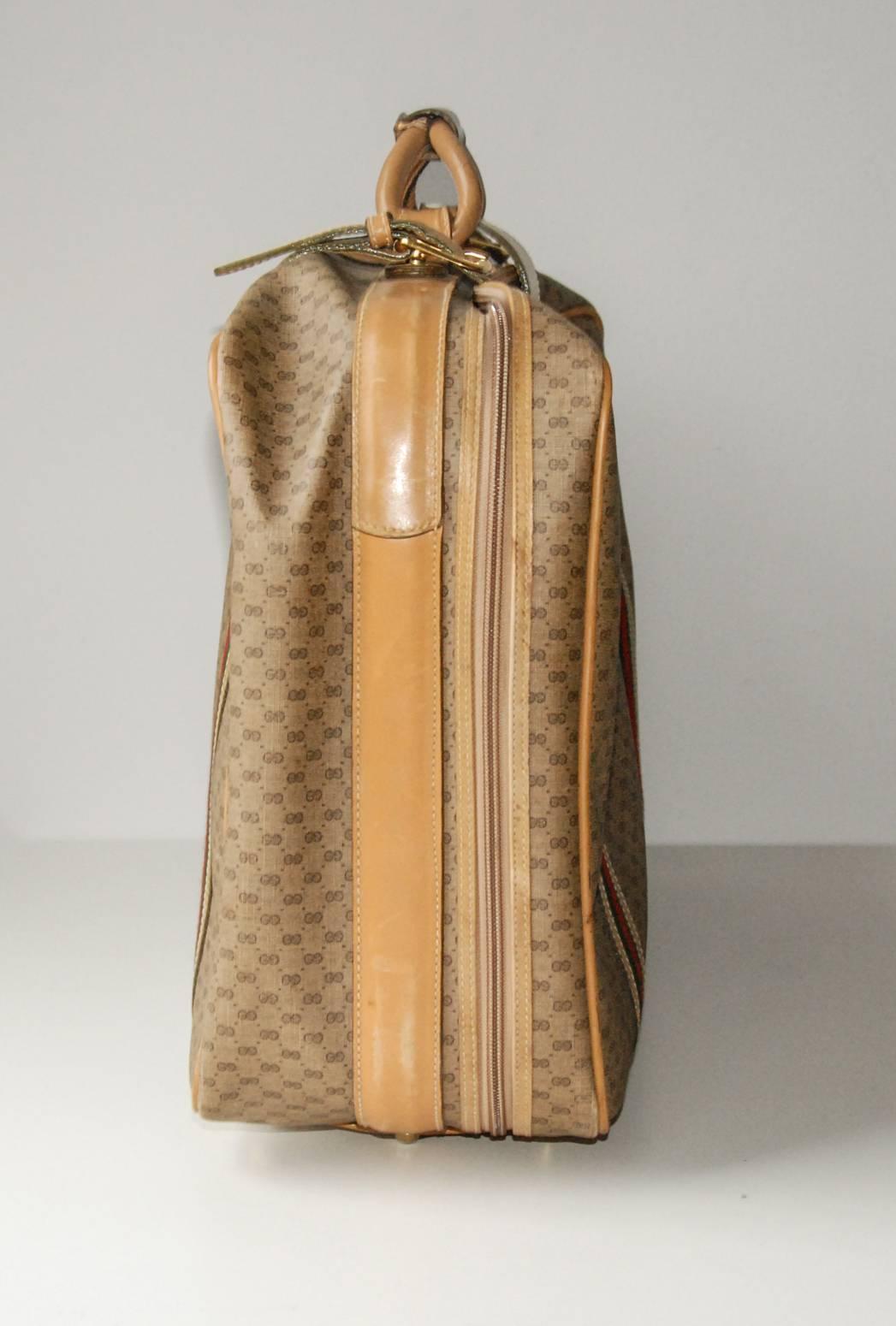 Gucci Leather and Fabric Logo Suitcase with Brass Insignia, Italy, circa 1970 For Sale 1