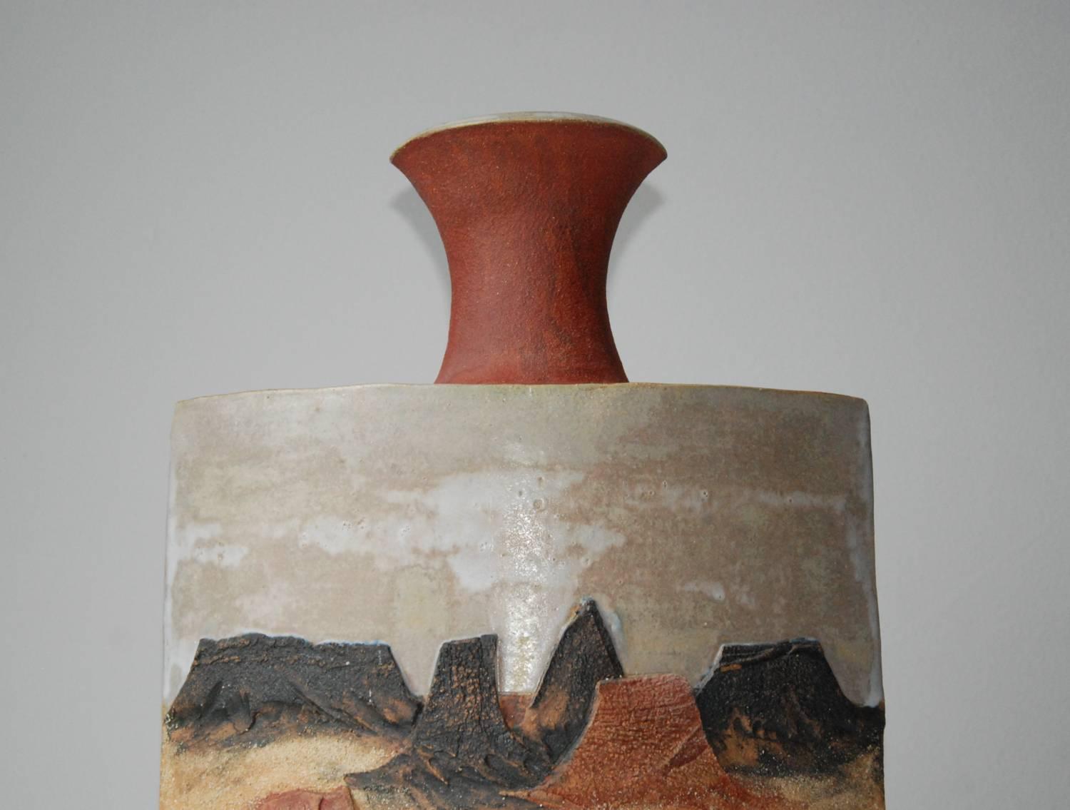 20th Century Large R. Miller Slab Built Relief Stoneware Vase, United States, circa 1980 For Sale