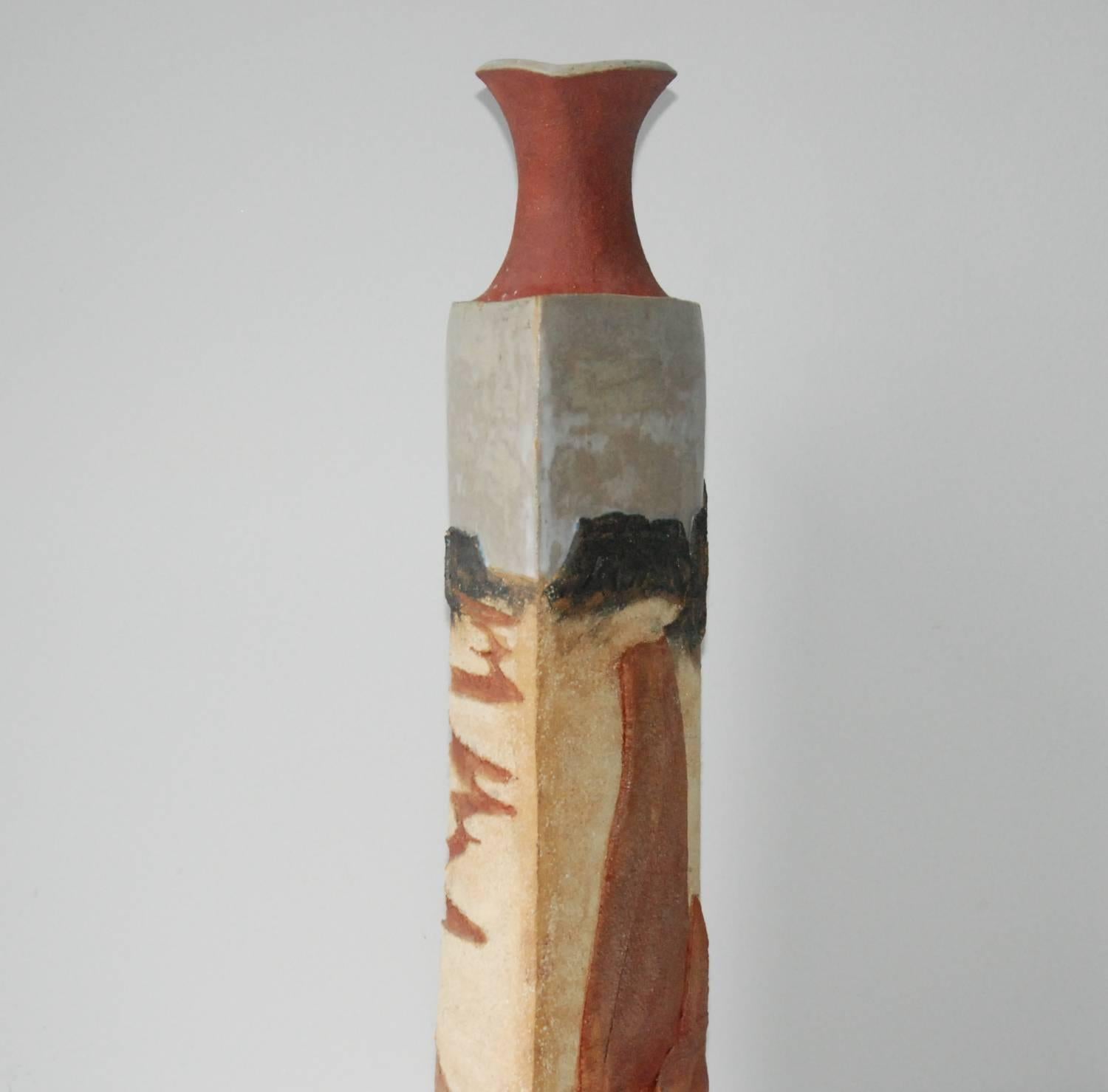 American Large R. Miller Slab Built Relief Stoneware Vase, United States, circa 1980 For Sale