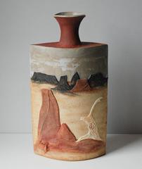 Large R. Miller Slab Built Relief Stoneware Vase, United States, circa 1980