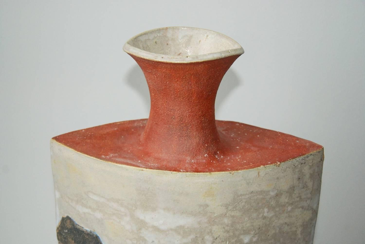 Modern Large R. Miller Slab Built Relief Stoneware Vase, United States, circa 1980 For Sale