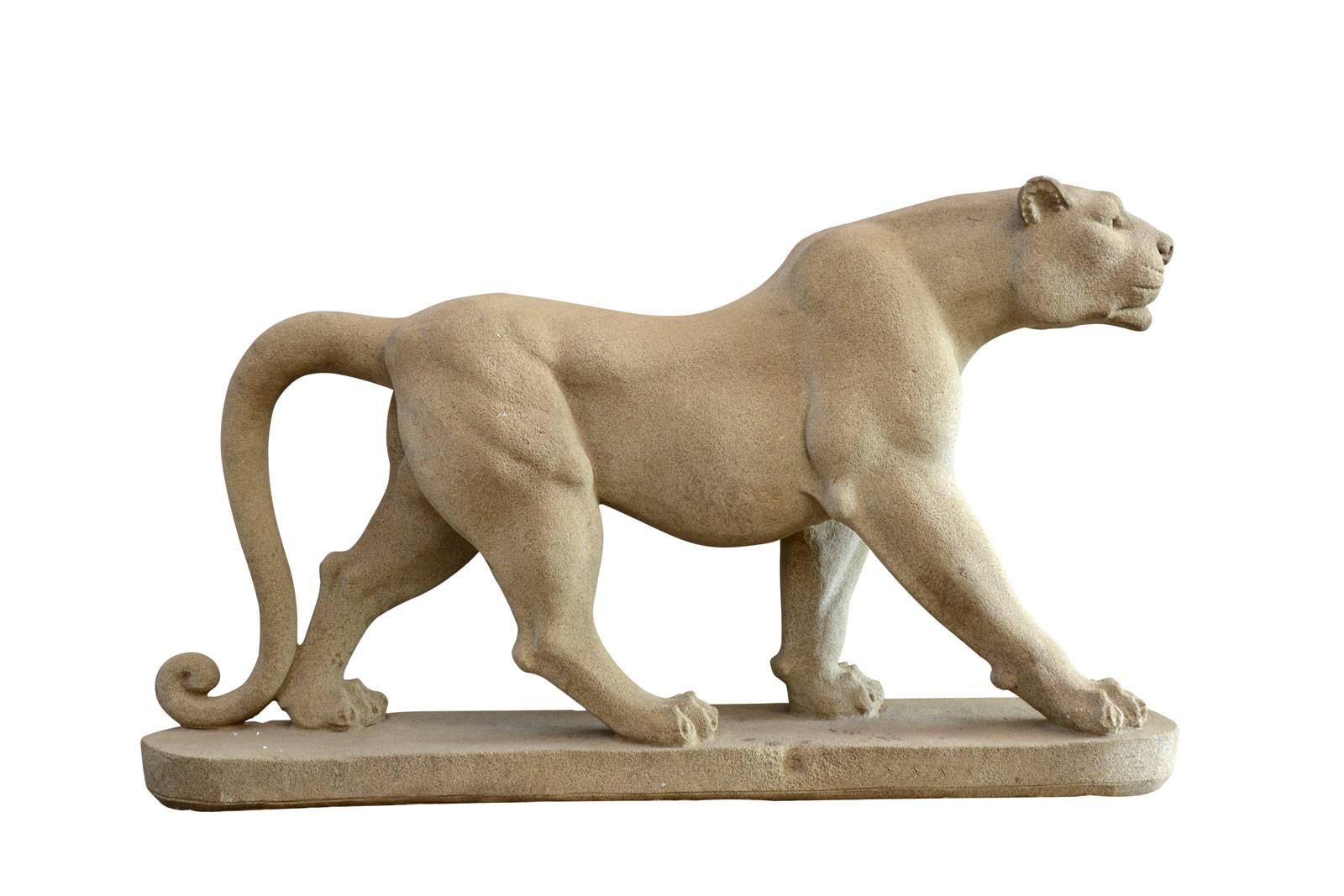 French Pair of Beige Granite Male Leopards, circa 1940 For Sale