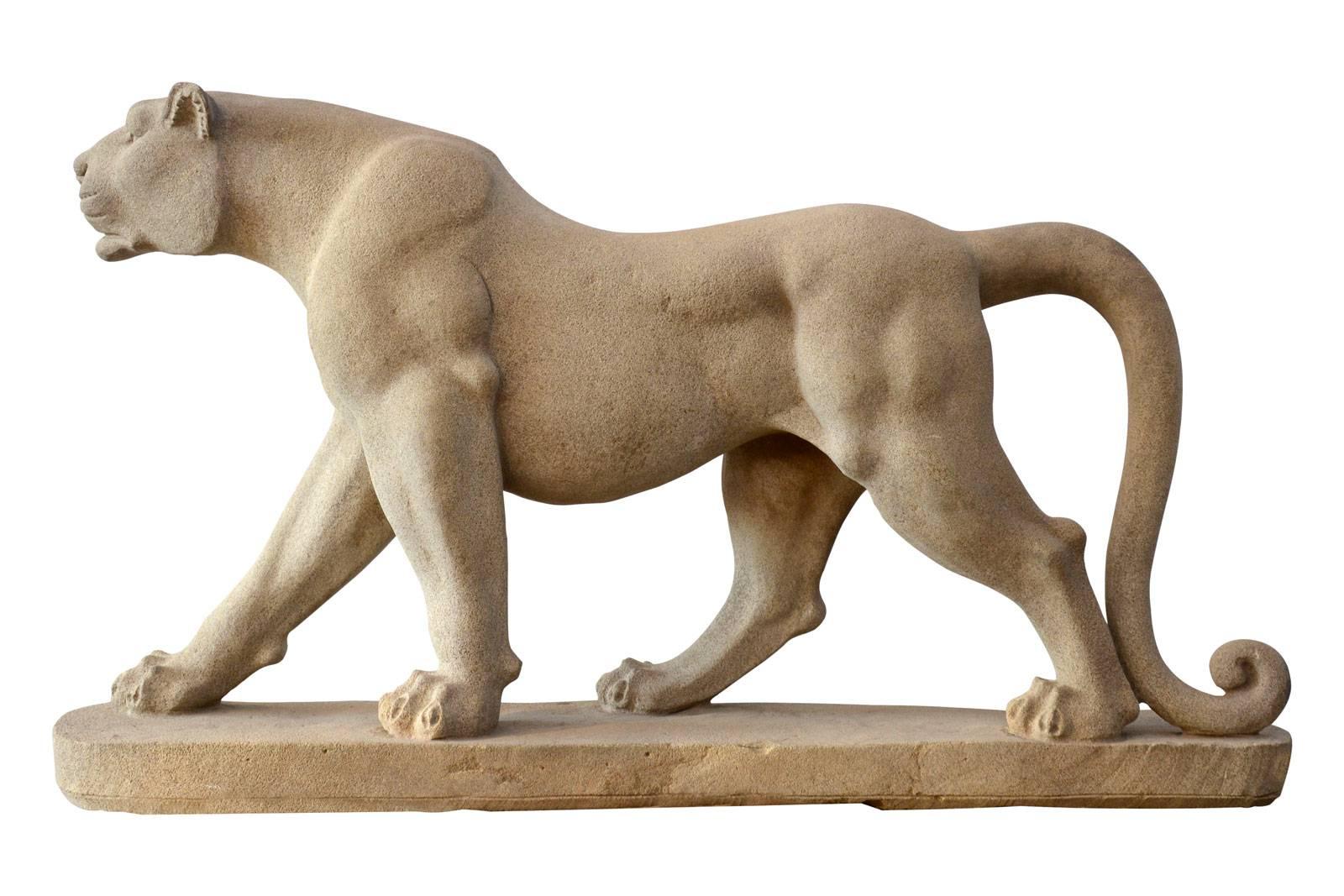 Art Deco Pair of Beige Granite Male Leopards, circa 1940 For Sale