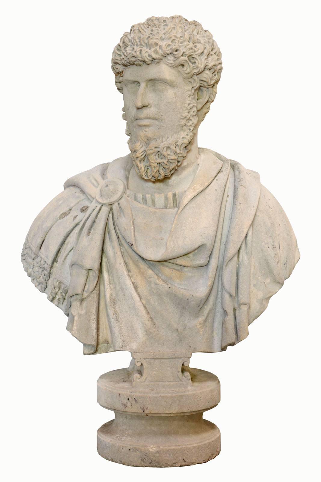 Dated 19th century, stone assumed bust of Lucius Aurelius Verus. Lucius Verus is here wearing a rich pleated garment and maintained in the shoulder by a fibula, thereby expressing his capacity as co-emperor. Indeed Lucius Verus born in 130 AD, was