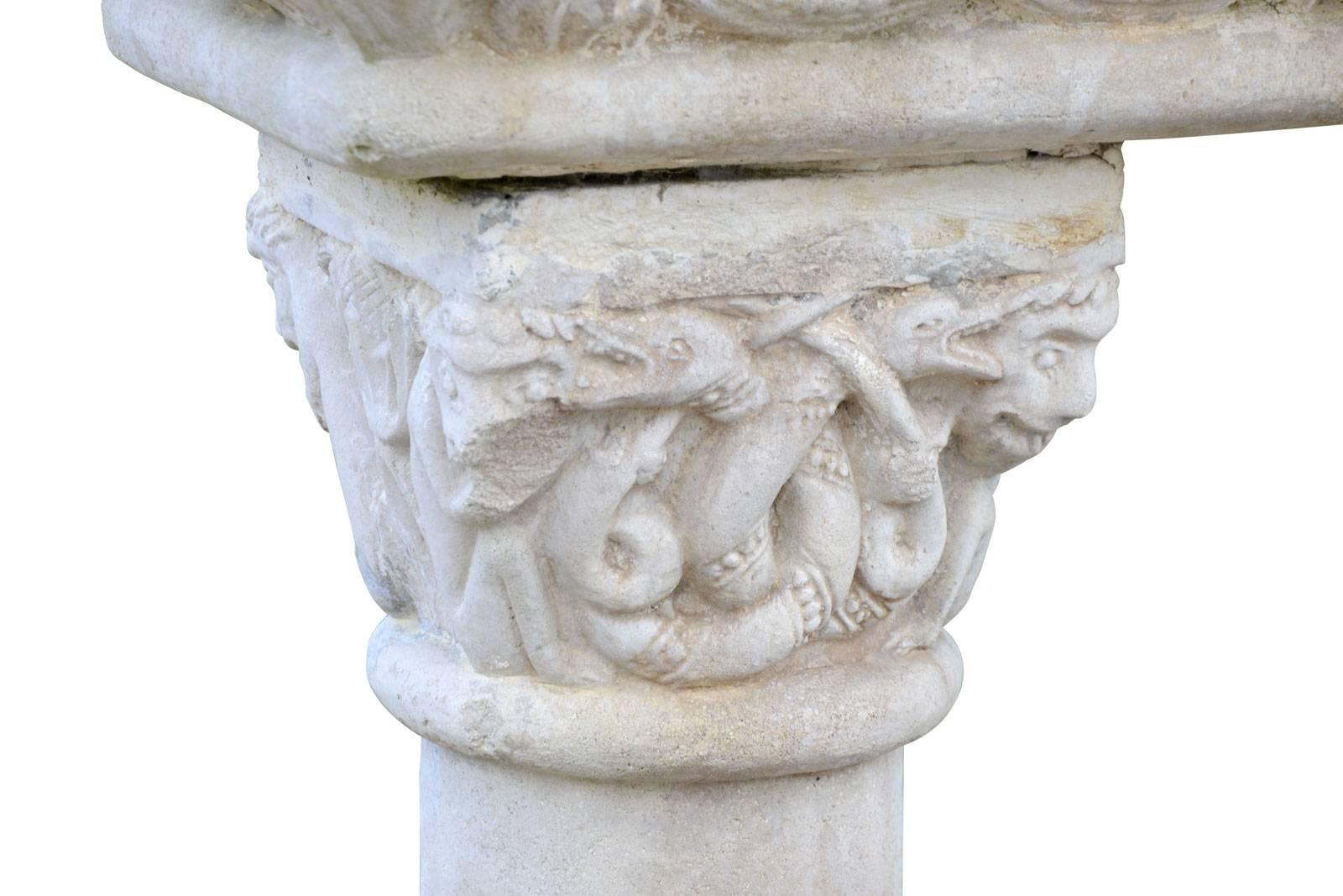 French Antique Romanesque Style Composite Stone Stoup, 19th Century