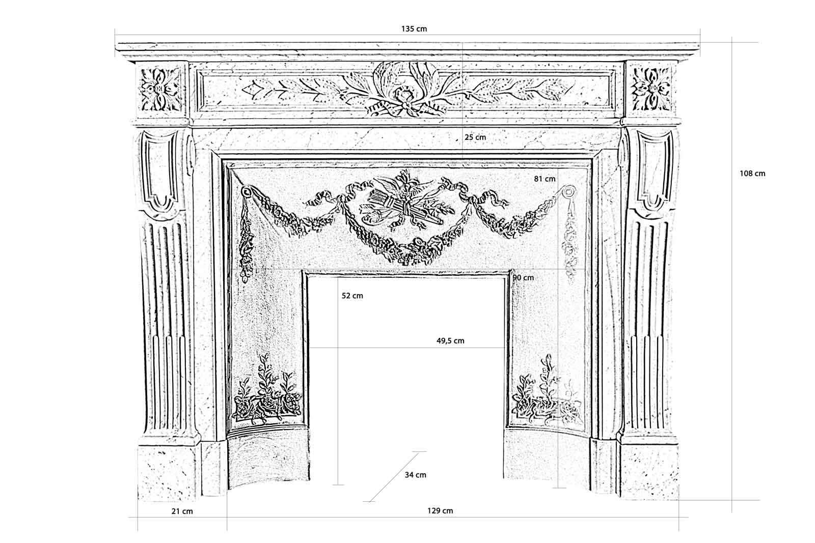 Dated from the 19th century, Louis 16 style Carrara marble fireplace. The lintel is carved with branches, crown of laurel and rosettes. The console jamb is fluted.
    