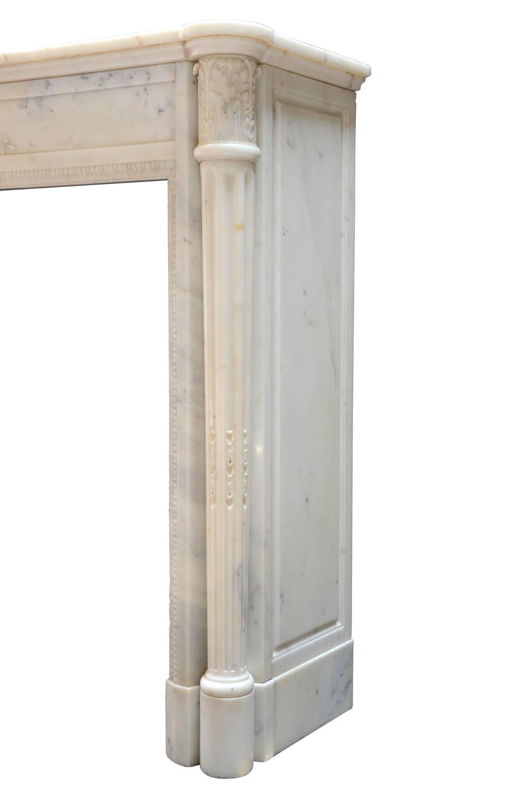Carved Louis XVI Style White Carrara Marble Fireplace, 19th Century For Sale