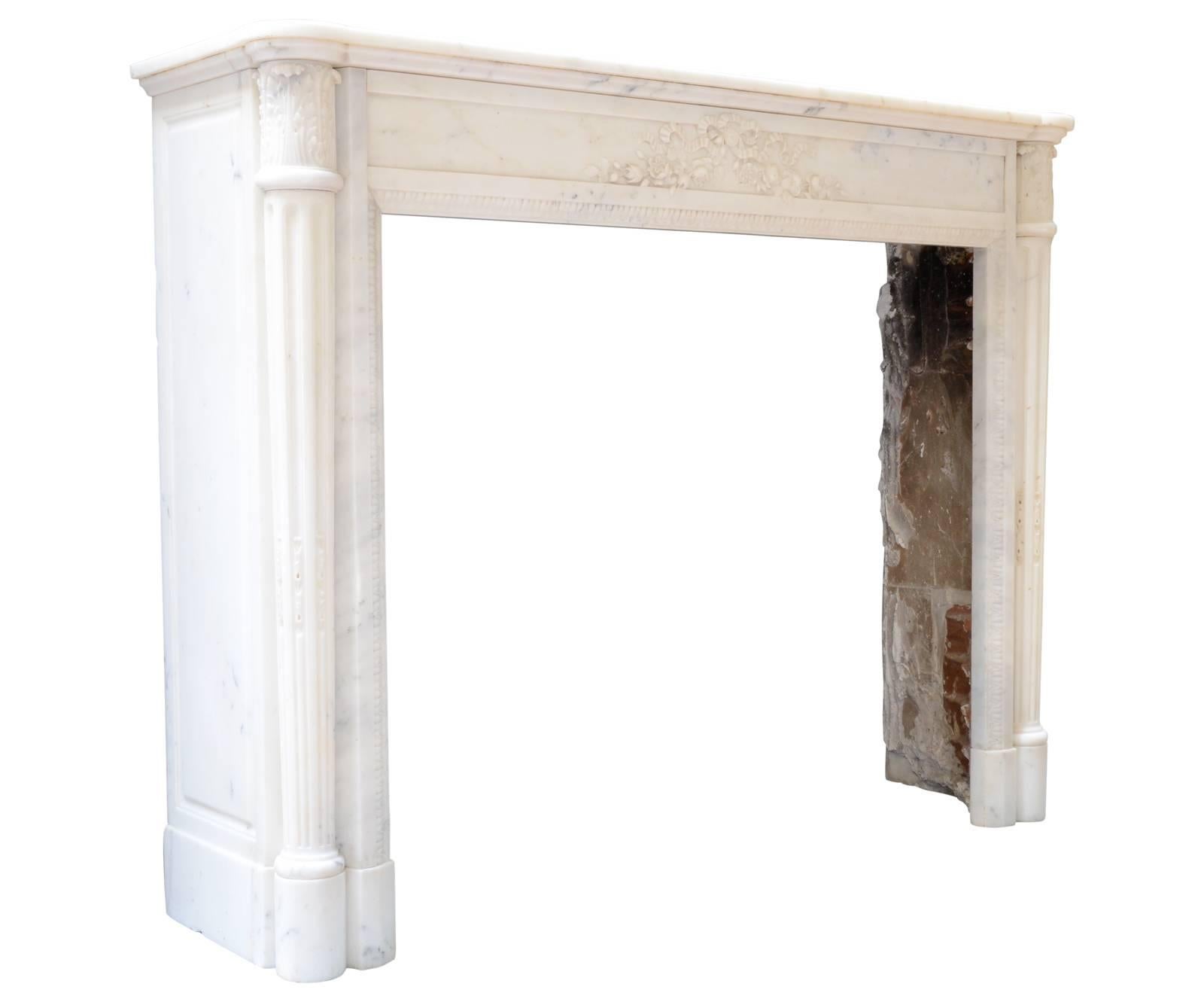 French Louis XVI Style White Carrara Marble Fireplace, 19th Century For Sale