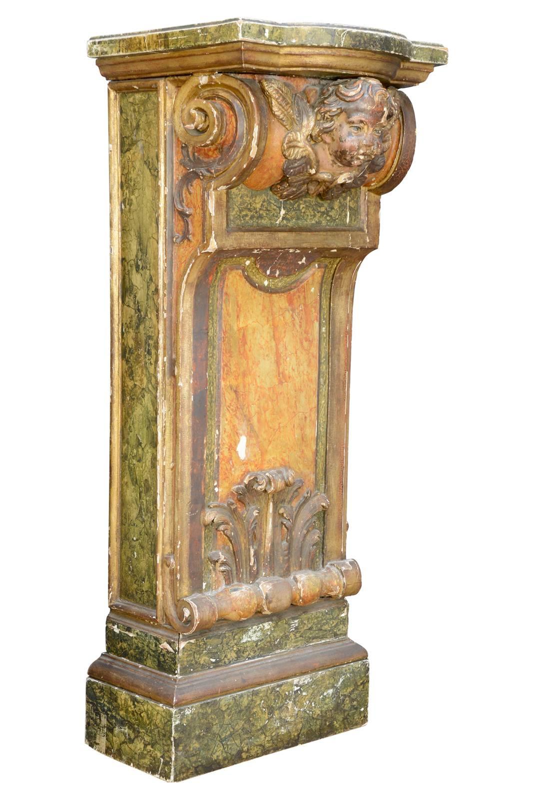 Gilt Pair of Carved Wood and Painted Consoles, Italian Work, Early of 20th Century For Sale
