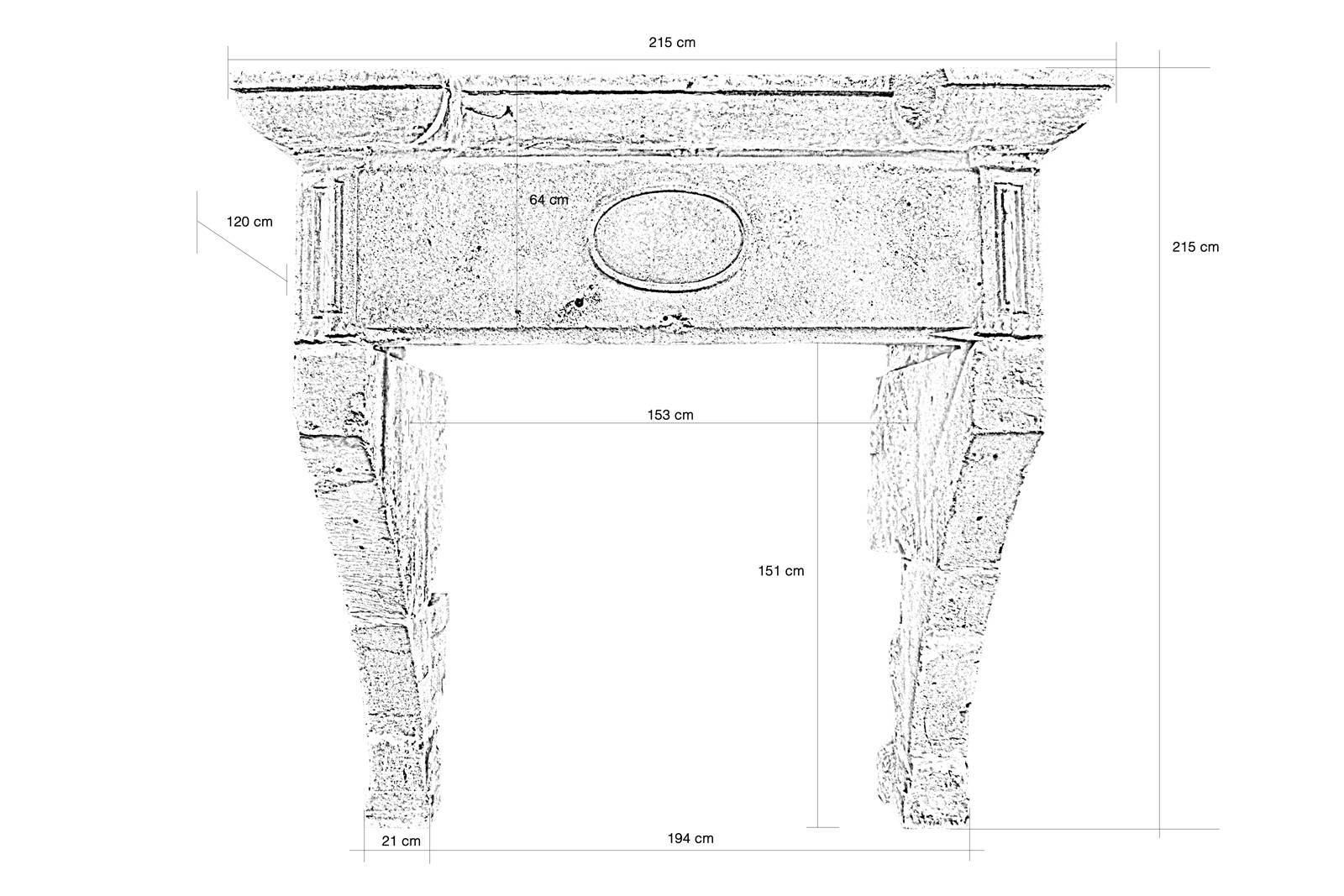 Dated from the 17th century, Louis 13 hard stone fireplace with monolith lintel adorned with a median cartridge of oblong shape. The molded frames decorate the extremities of the lintel.
     