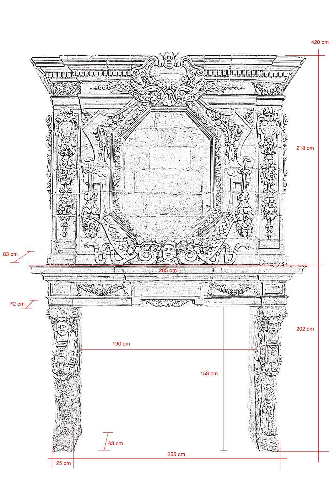 Exceptional limestone fireplace carved during the reign of Louis XIV and dated "1652". This pure Louis XIII fireplace is decorated with an octagonal central medallion surrounded by a torus of leaves and ribbons, around which are carved cut