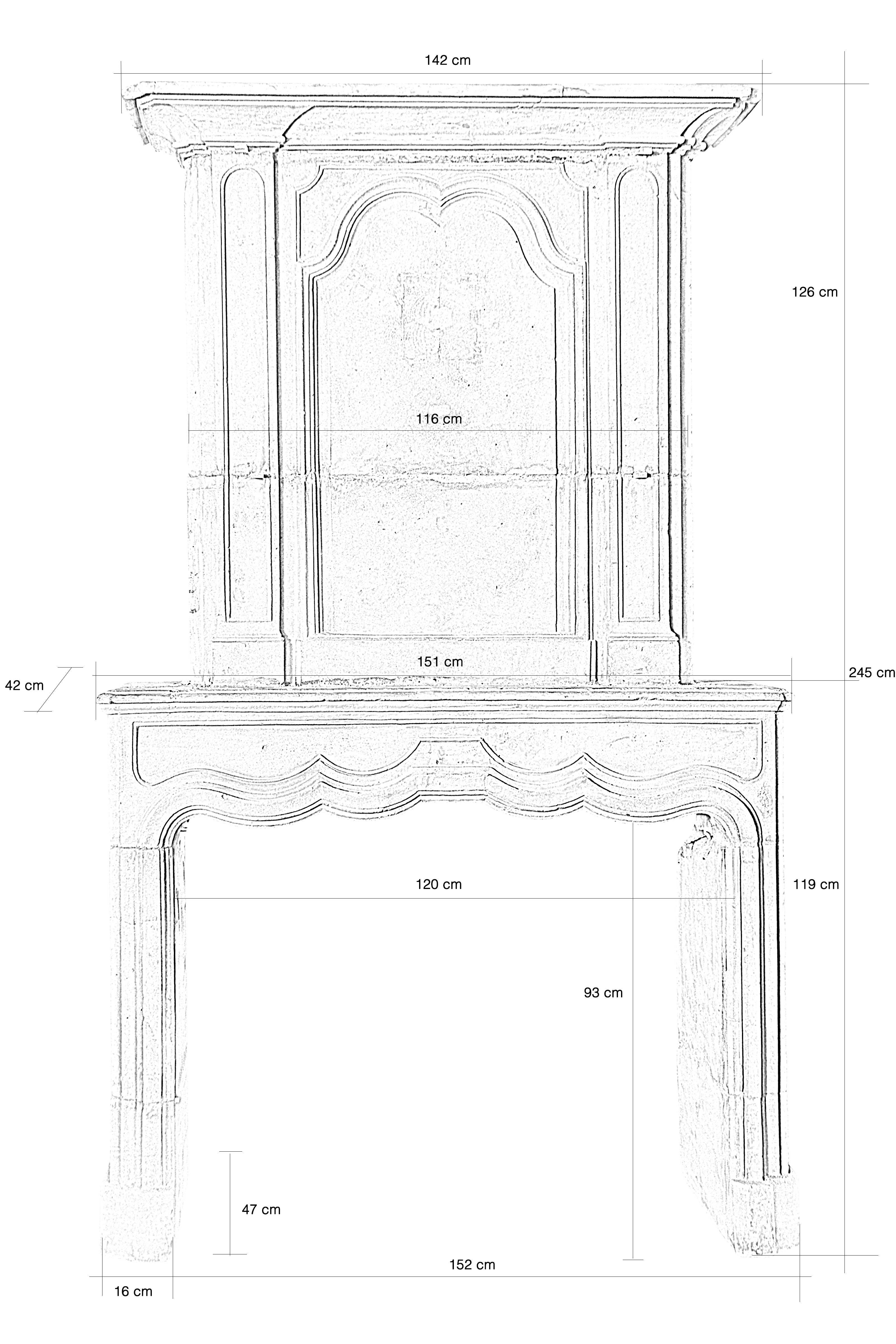 Dated from the early 18th century, Louis XIV period Burgundy stone fireplace. The over mantel is animated by a molded frame cocked hat profile, flanked by molded frames on the sides. The lintel is slightly eventful with a decor of frames and with
