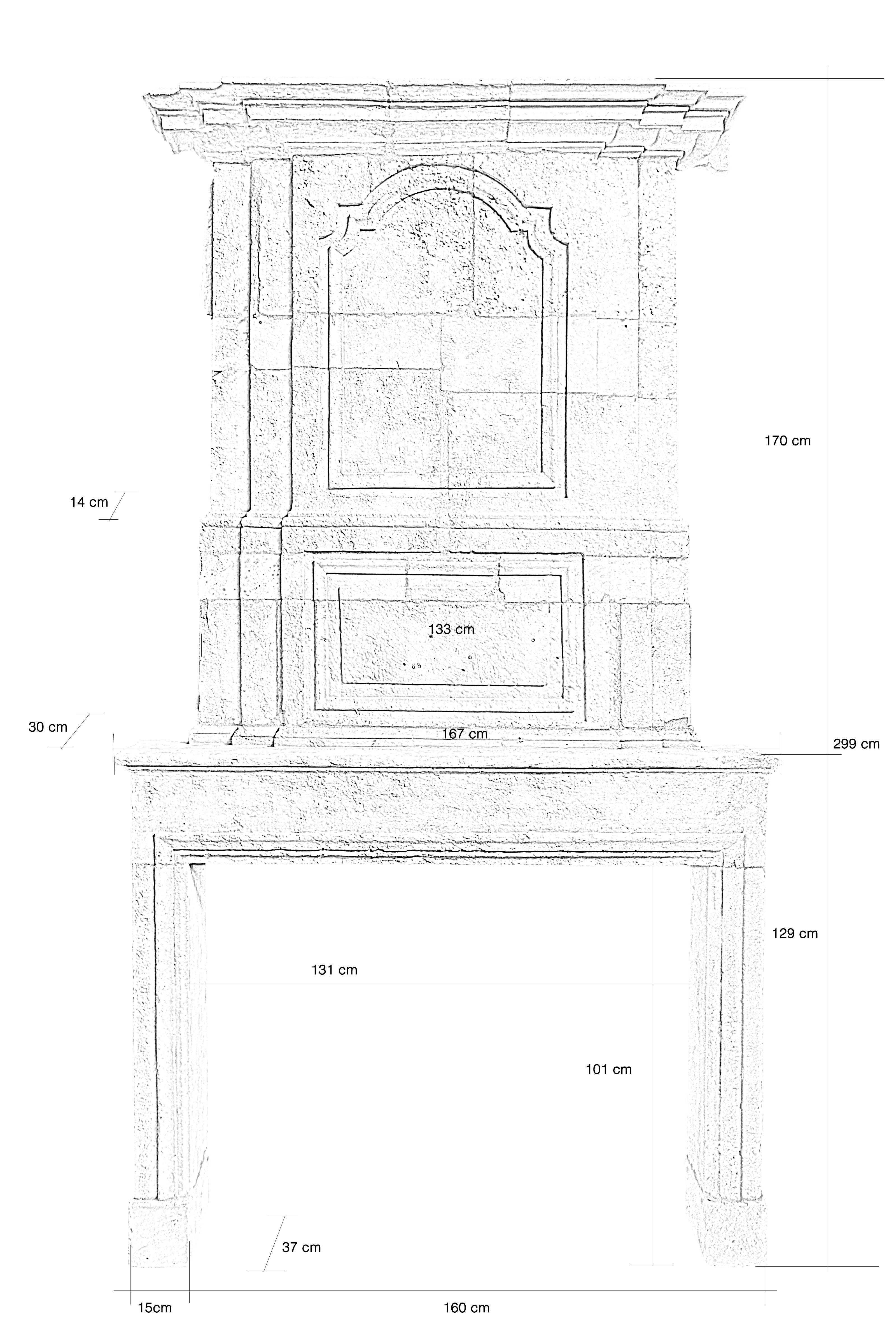 Dated from the early 18th century, Louis XIV period stone fireplace. The overmantel is animated in the upper part by a molded frame cocked hat profile, steps, and in lower part by a molded frame. The cornice presents many setbacks. The rectangular