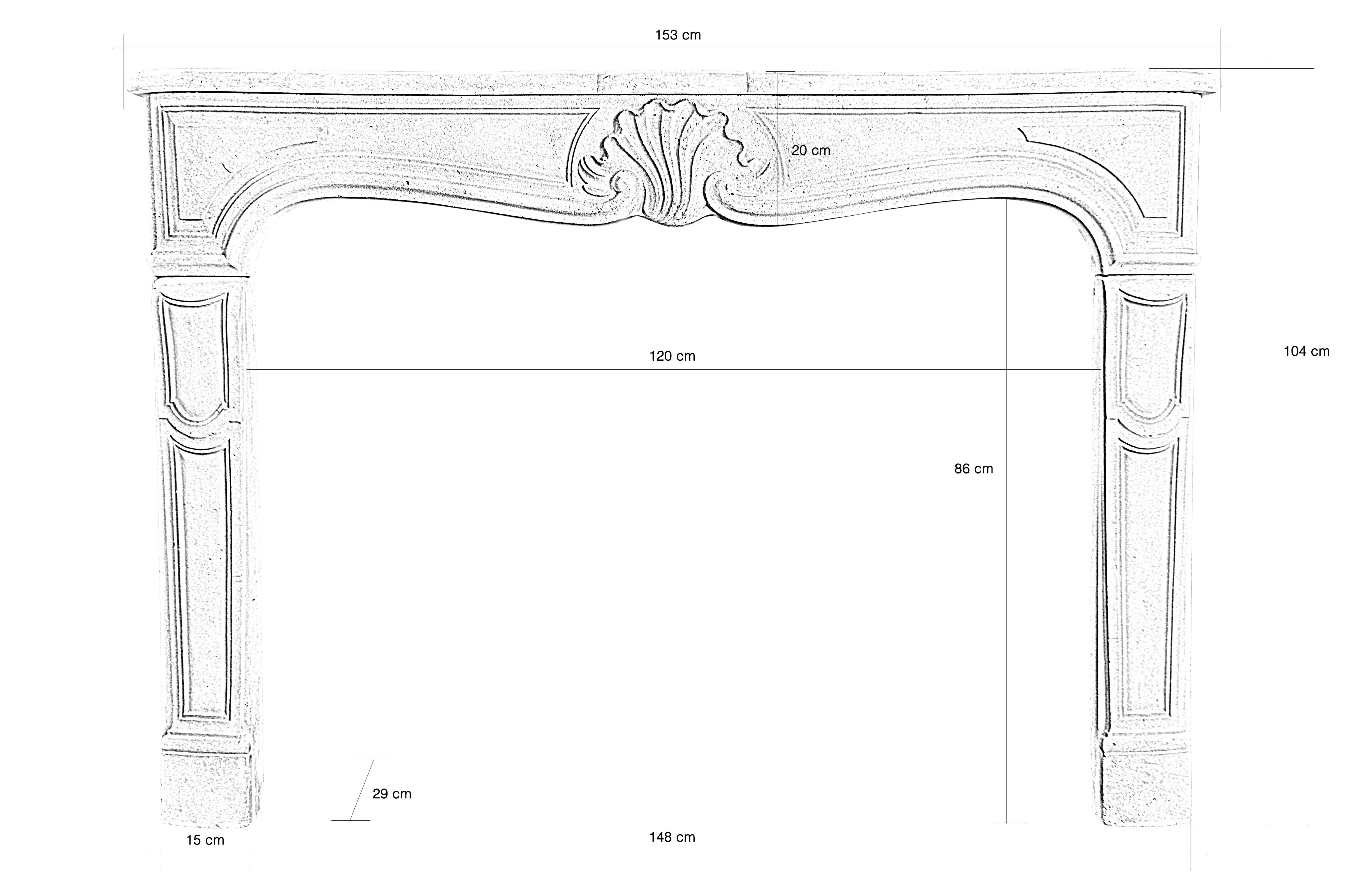 Dated from the early 20th century, Louis XV stone fireplace. The slightly eventful intel presents a median sculpted shell. The lines of hearth worked in curves and against-curves and jambs are girdles.
