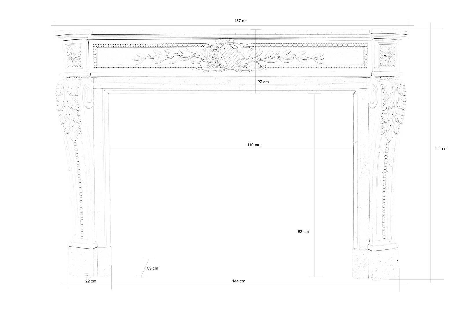 A French Louis XVI style white Carrara marble fireplace dated 19th century. The lintel decorated with a median cartouche represents a pan flute flanked with flowers and branches of laurels finely carved: The rib of the leaves and the relief of the