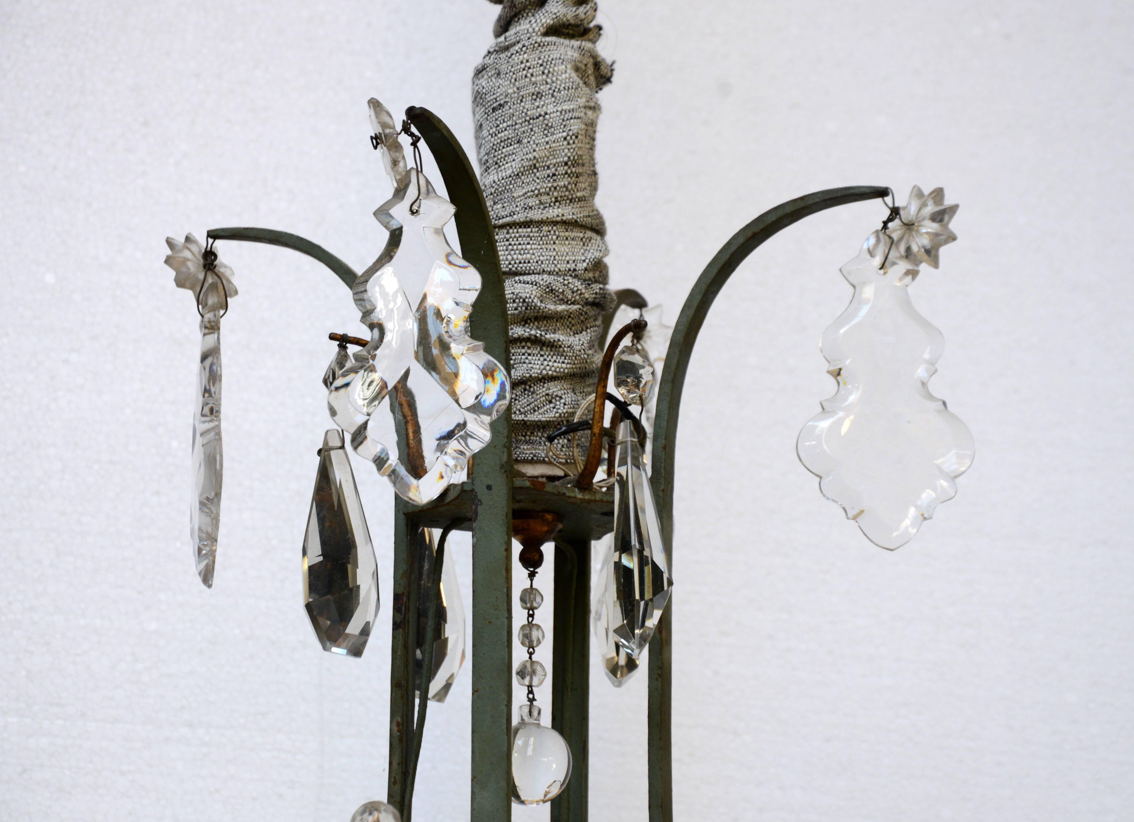 French Louis XV Style Wrought Iron Candelabra with Crystal Pendants, 20th Century For Sale