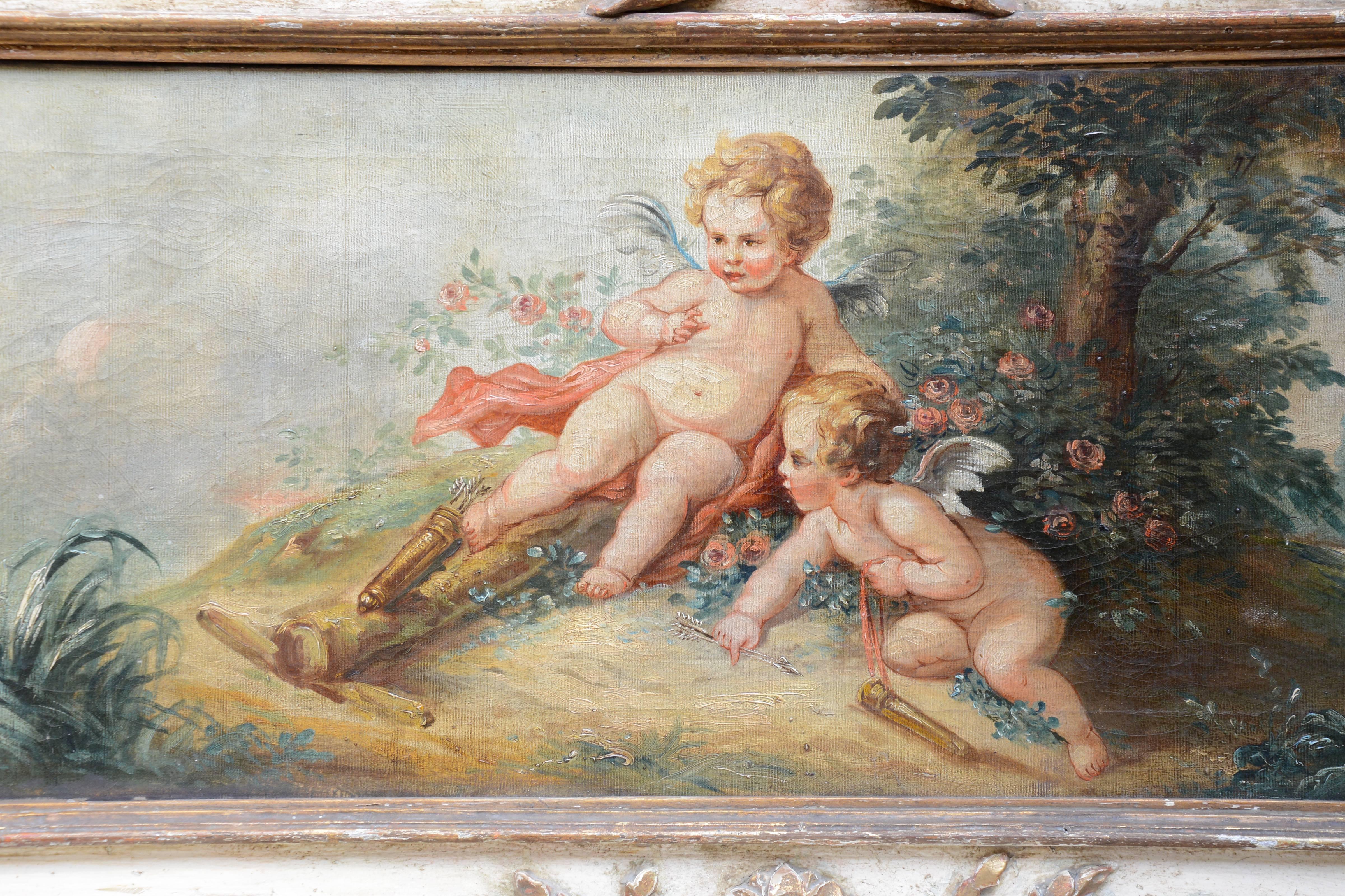 Dated from the 19th century, beautiful oil on canvas featuring loves armed with arrows in an idyllic landscape, in the middle of a bush of roses. In the distance, two doves fly away, surely victims of these two loves. Made from a work by François